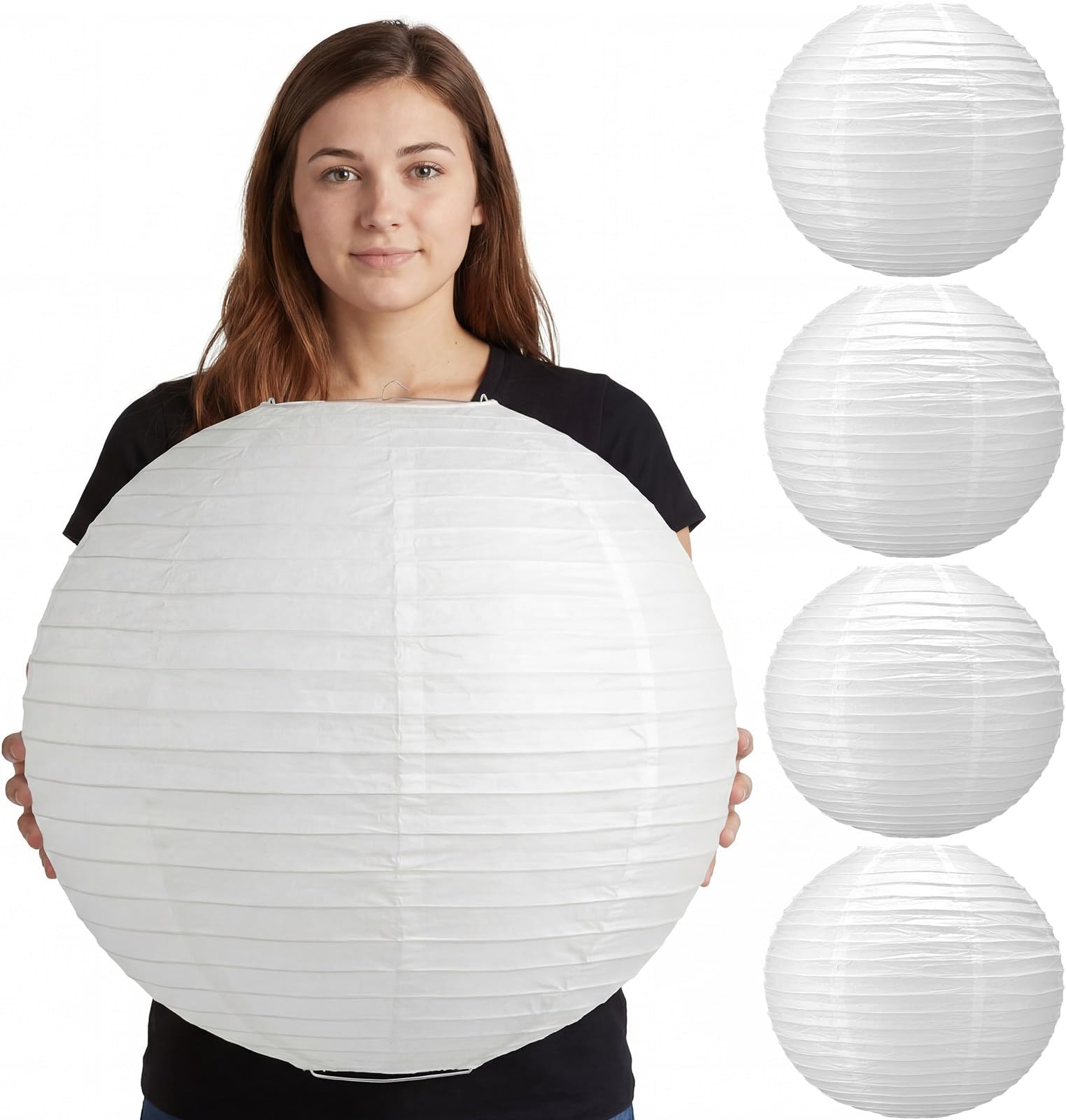 Glooglitter 5 Pcs 18 Inch Large White Paper Lanterns Gaint Chinese Moon Round Paper Lamp Japanese Jumbo Hanging Lanterns for Wedding Graduation Bridal Shower Birthday Party Supplies Decoration