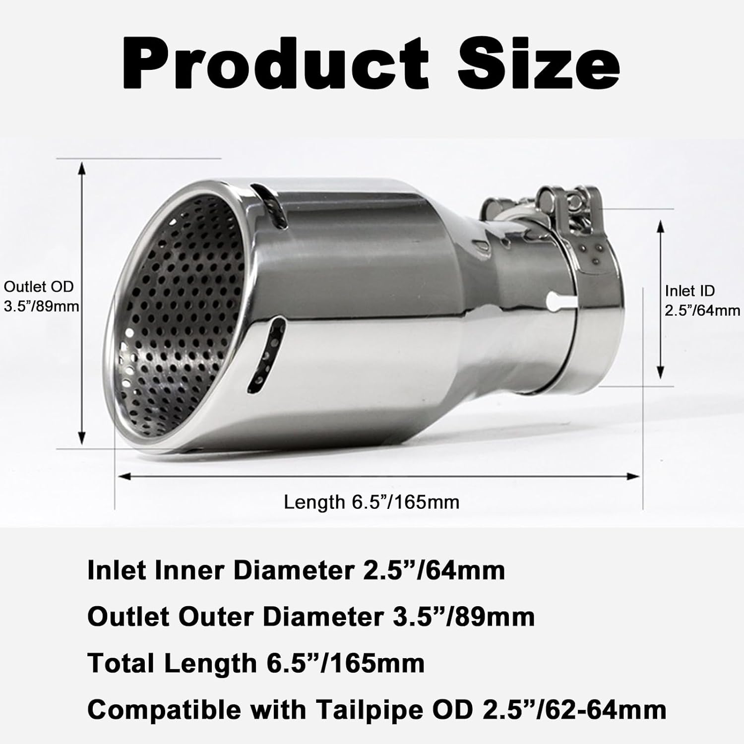 Vechkom 2.5" Exhaust Tip 2.5" Inlet 3.5" Outlet 6.5" Length Chrome Muffler Tail Pipe Tip with Drain Holes Universal Fit for Car Truck Diesel Clamp-On Stainless Steel Polished Silver