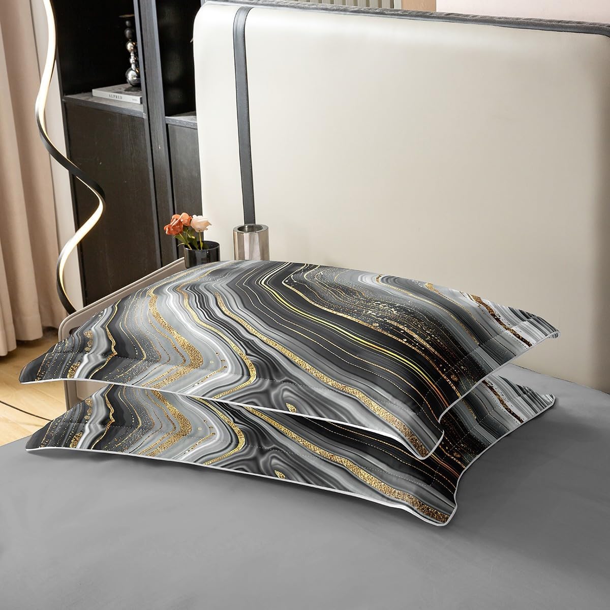 3 Pieces Gold Black Duvet Cover 100% Nature Cotton Queen,Black Gradient Marble Texture Comforter Cover with Zipper Closure,Modern Luxury Golden Lines Super Soft Bedding (Not Comforter)