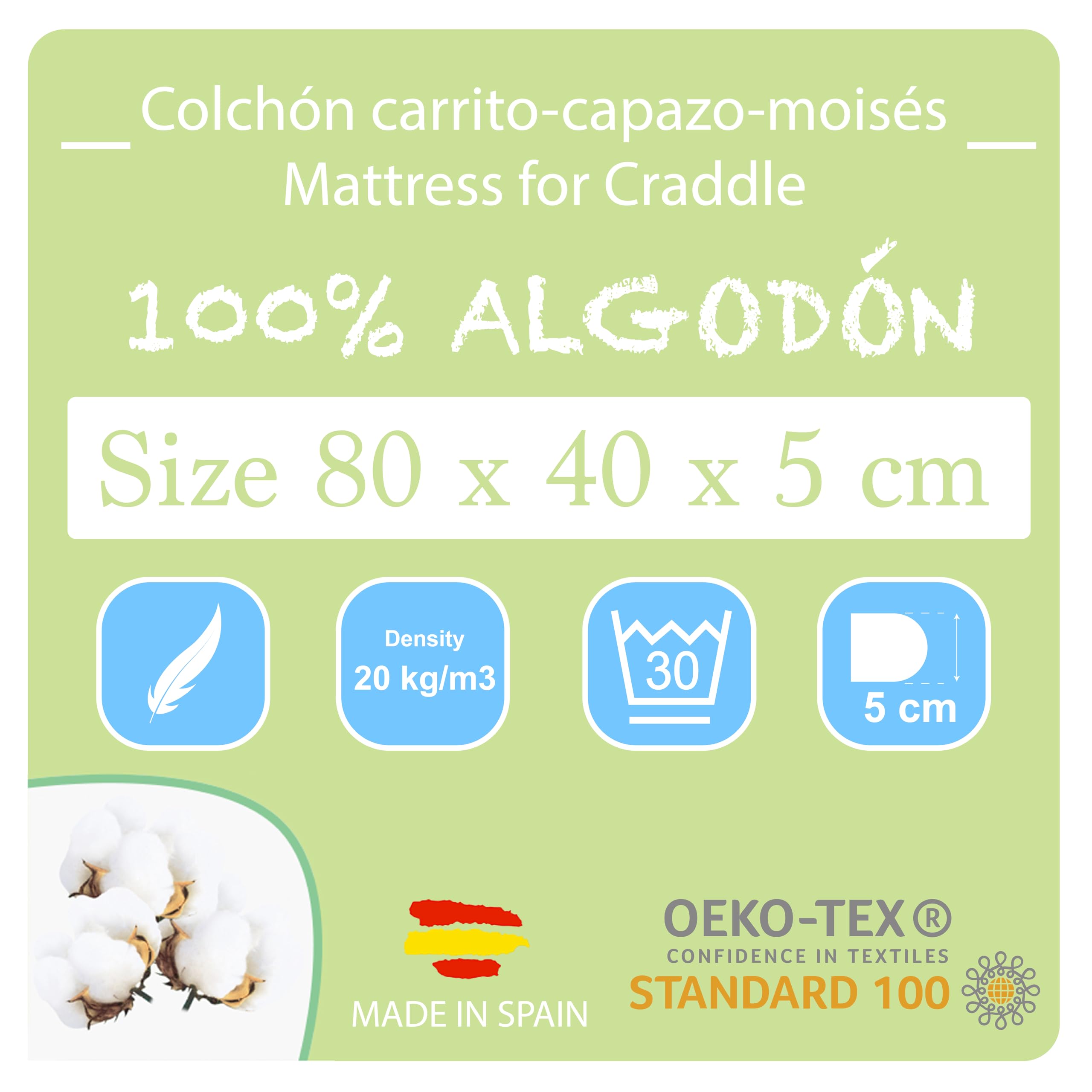 PEKITAS Materasso ovale traspirante Navicella Moises Carrello 80 x 40 x 5 cm Fodera 100% cotone lavabile