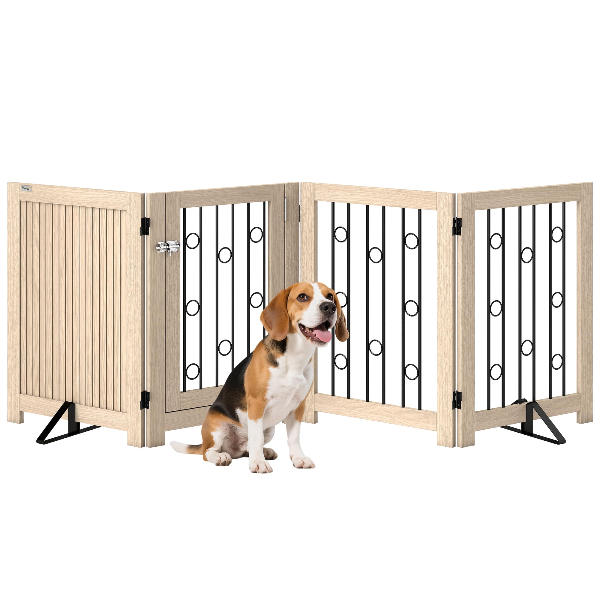 Pawhut Natural 4 Panel Freestanding Pet Gate Foldable With Door For Stairs, Doorway In
