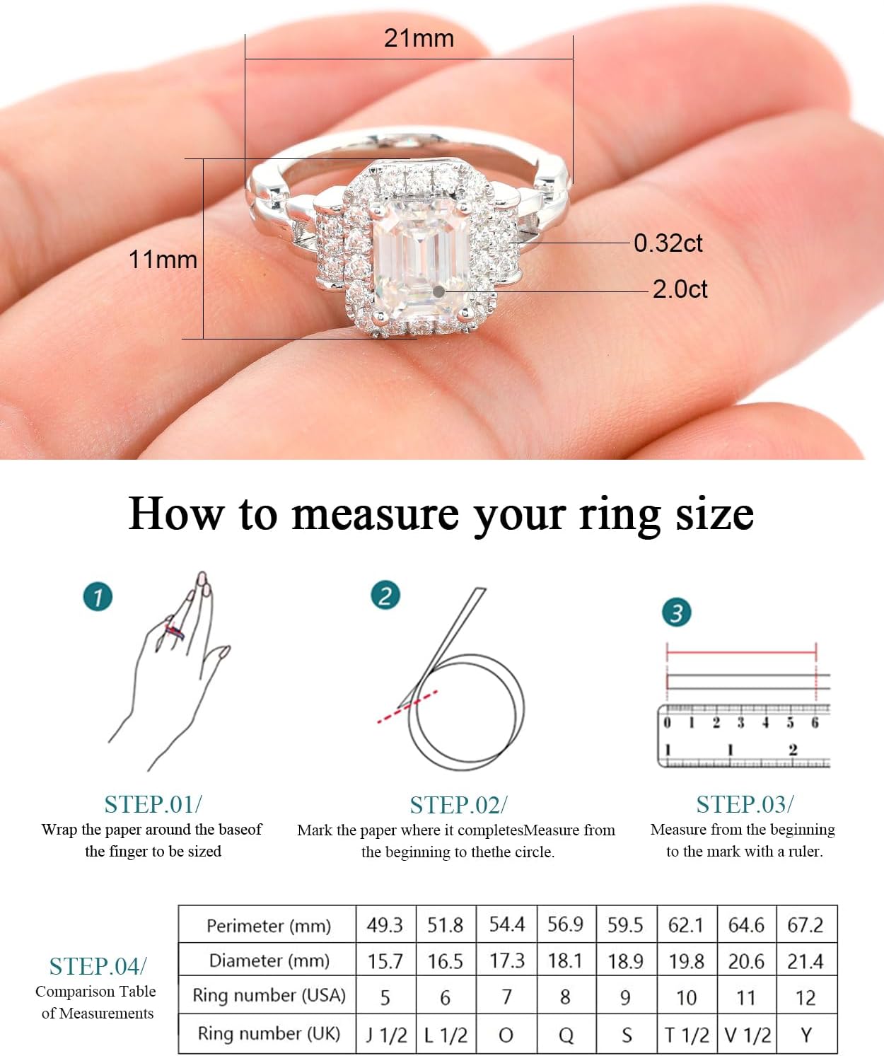 Moissanite Solitaire Engagement Ring for Women 2.5CT Emerald Cut D Color VVS1 Moissanite Wedding Band,S925 Sterling Silver with 18K White Gold Plated Anniversary Promise ring(10) - Image 6