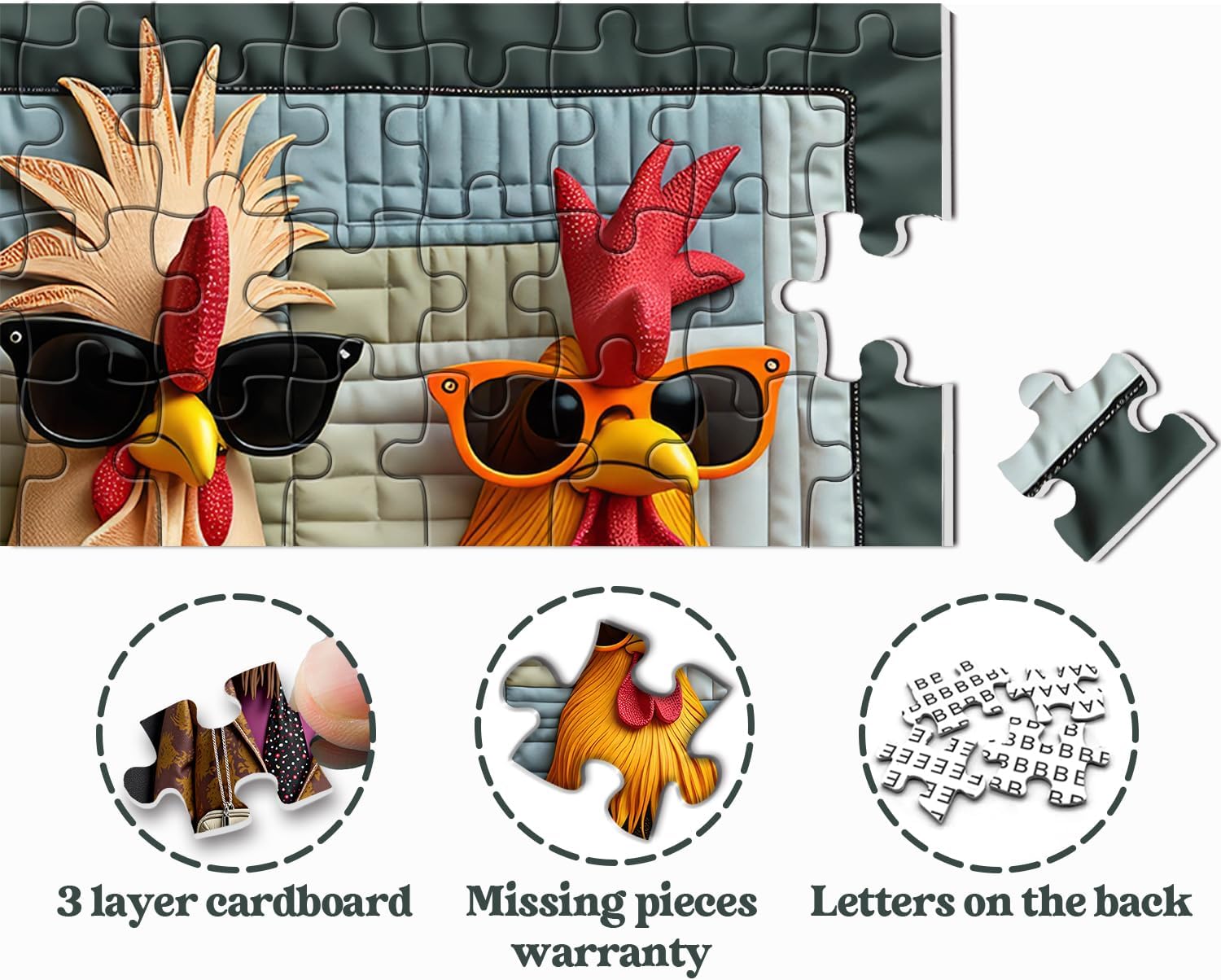 Funny Chicken Family Puzzle 1000 Pieces, Vintage Stylish Roosters Jigsaw Puzzles, Colorful Animal Chickens Puzzle