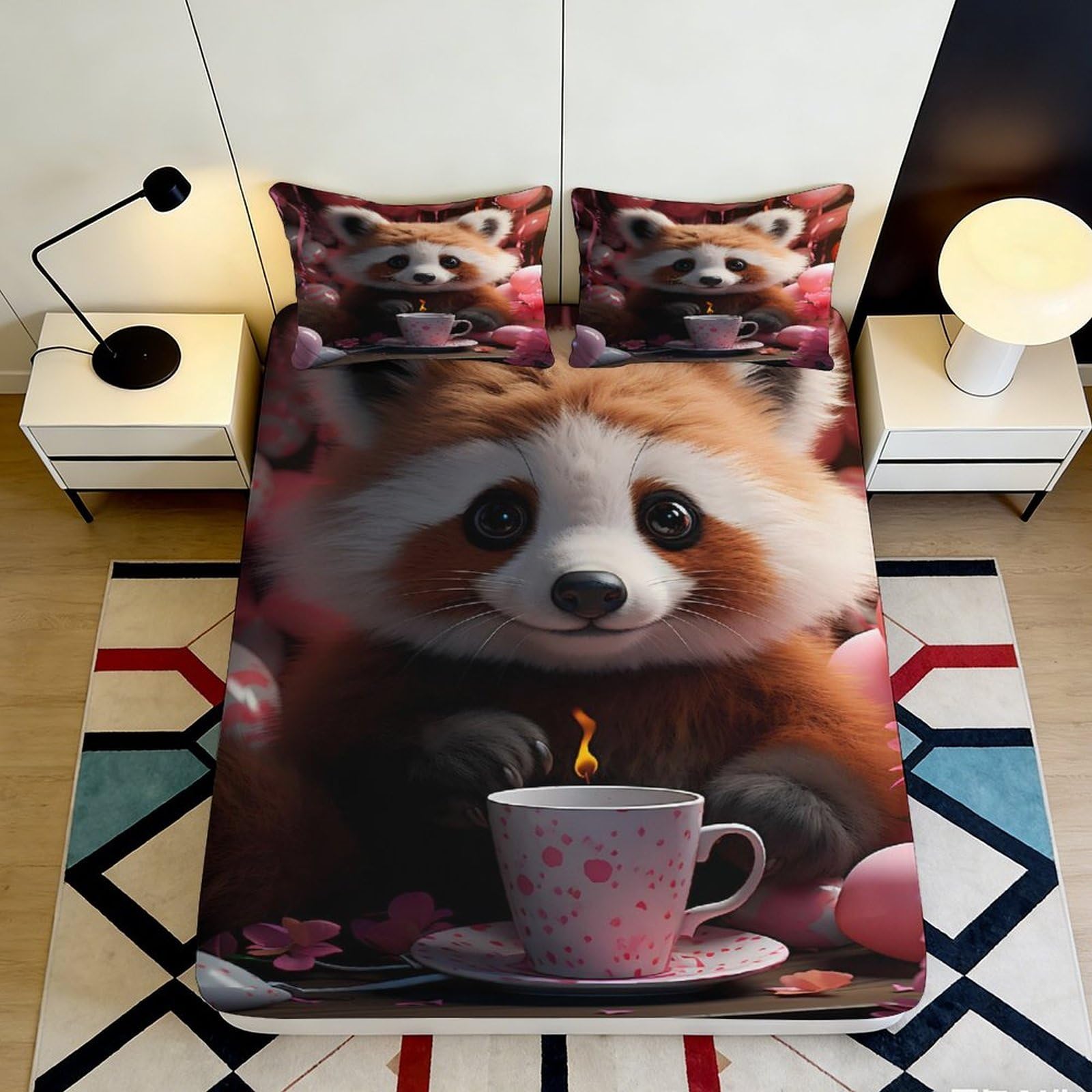3D Printed Cute Raccoon Fitted Sheet Microfiber Deep Pocket Non-Slip Bedroom Bedding Raccoon Mattress Fitted Cover Washable 90x200x25cm