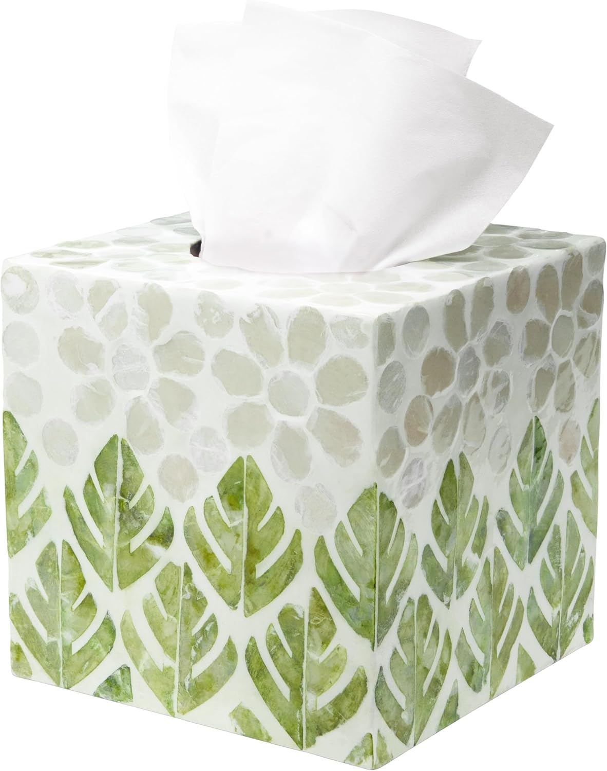 HOMESTEAD Tissue Box Cover Square, Decorative Facial Tissues Holder for Bathroom| Table| Kitchen| Office| Car with Bottom Slider, 5.4 x 5.4 x 5.7 inch, Green Leaf