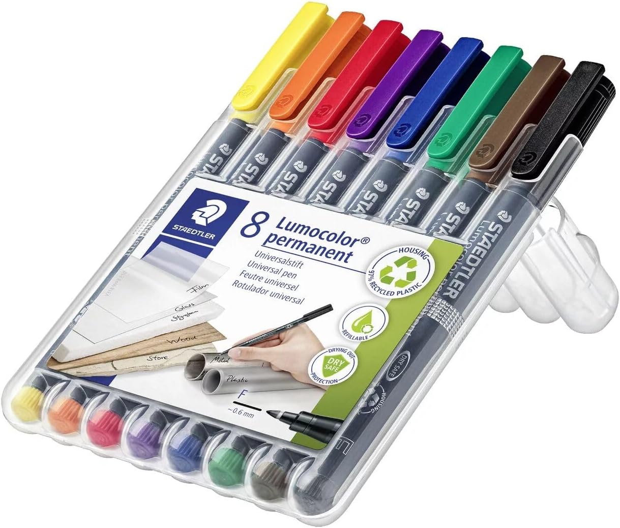 Lumocolor Permanent Universal Pen: Set of 8 Permanent Markers, Assorted Colors, Felt Tip, Fine Tip 0.6mm - Multi Surface, Quick Dry, Smudge-Proof & Waterproof - For Home, School & Office