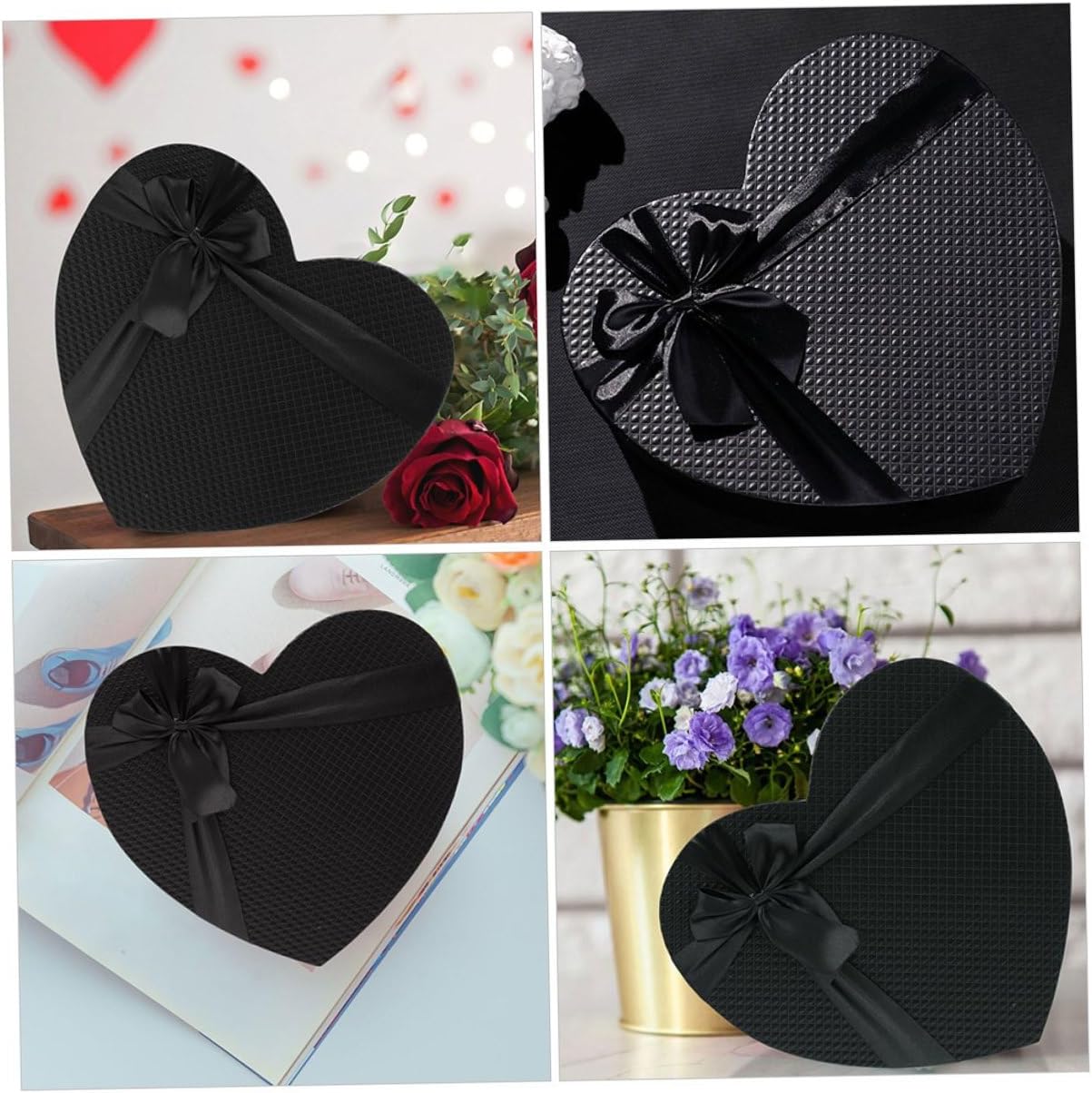 ROMISBABA Heart Shaped Black Boxes 2pcs Large Candy Boxes with Lid for Valentine’s Day Chocolate Flower Packaging