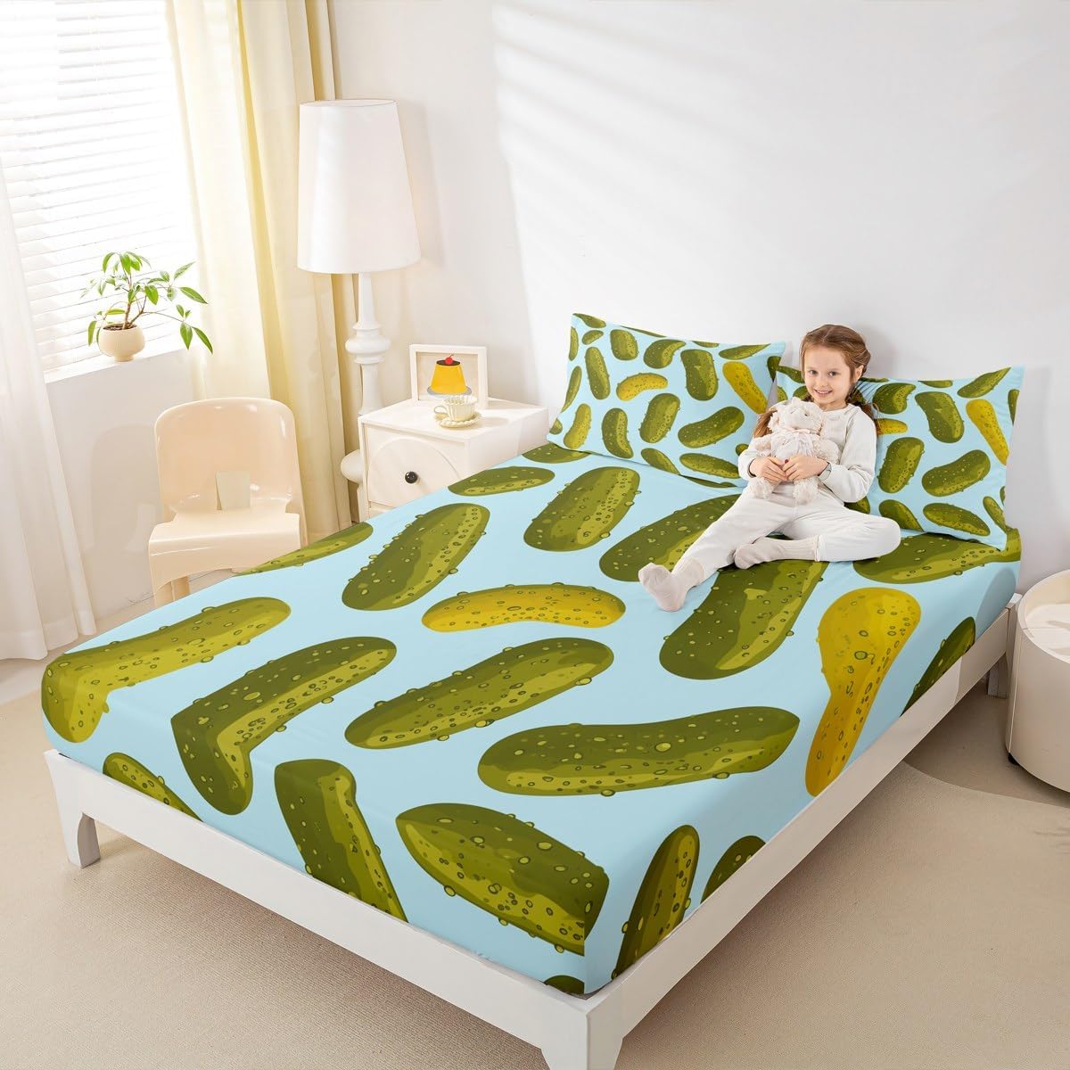 Erosebridal Pickles Fitted Sheet Funny Food Twin Size Bedding Set, Green Cucumbers Bed Sheets for Kids Boys Girls Adults Lovely Vegetables Design Sheets Bedroom, 1 Fitted Sheet 1 Pillowcase