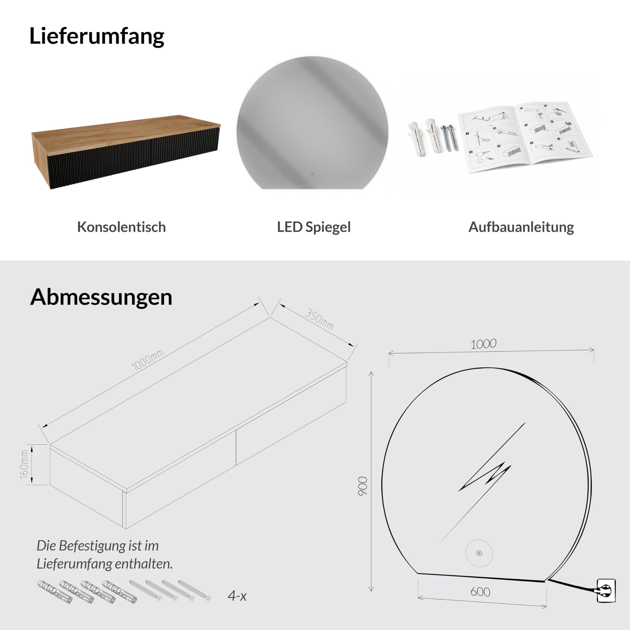Planetmöbel Flur Garderobe Set Konsolentisch 100 cm mit Spiegel Beleuchtung halbrund Bogenspiegel Wand-Konsole Gold Eiche/schwarz