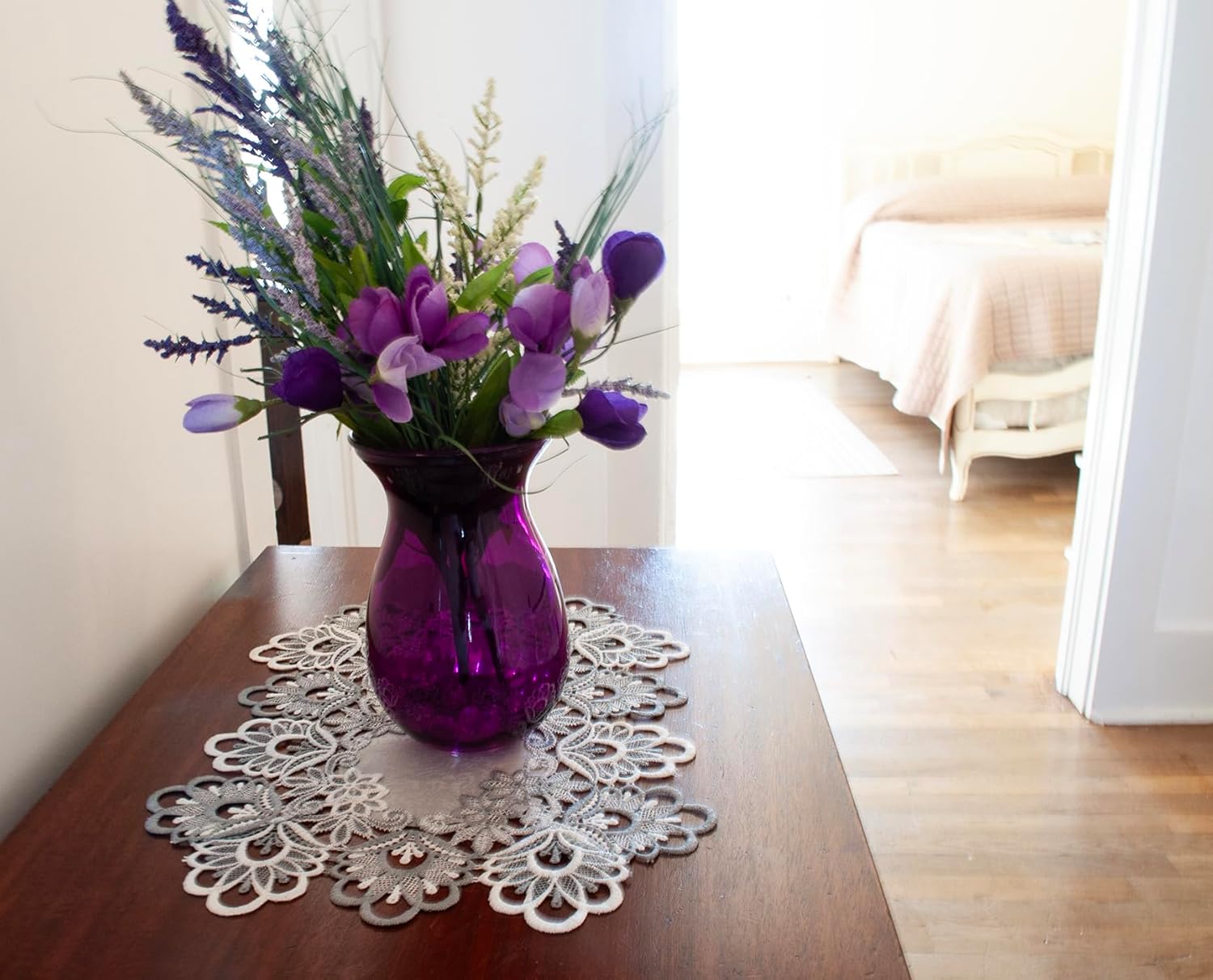 Silver Gray European Lace and Antique Fabric Placemats, Doilies (12Wx18L Set of 2)