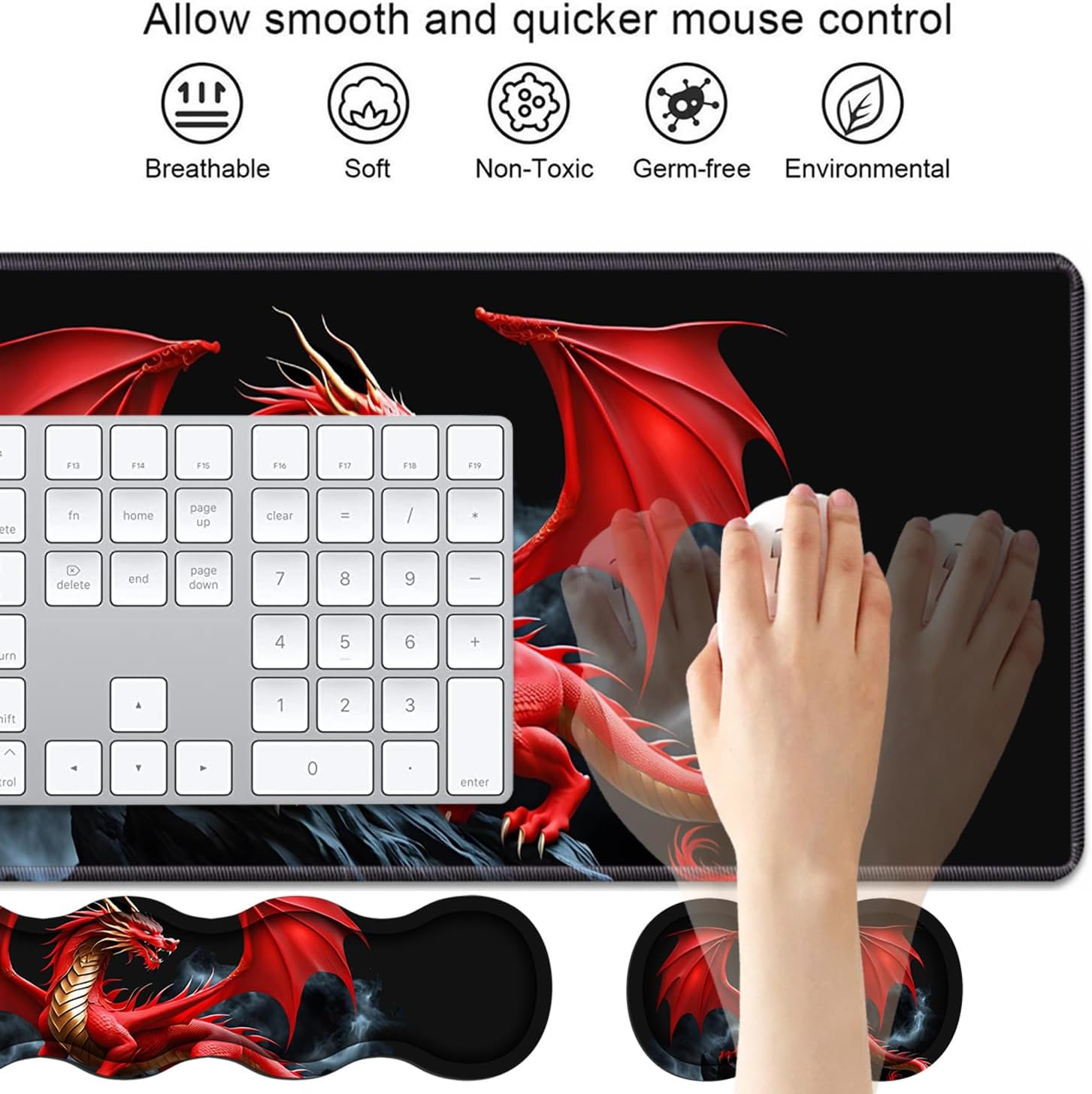 4 in 1 Ergonomic Keyboard Wrist Rest & Mouse Pad Wrist Rest Set, Large XXL Gaming Desk Mat 31.5"x 11.8" with Non-Slip Base, Memory Foam for Home Office Study Gaming, Red Dragon
