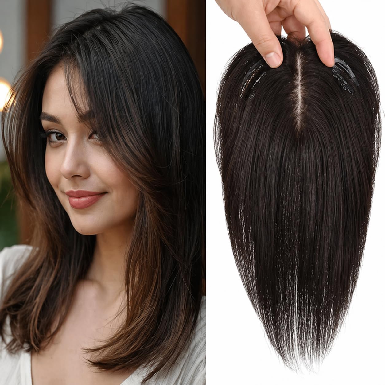 Batulii's Online Fashion Silk Base Lightweight Hair Topper for Women, 4.8 x 4 Inch, 16 Inches Long, 25 Gram, Dark Brown Color, Clip-in Hair Extension for Thinning Hair & Grey/White Hairs, Matte Finish-image-48