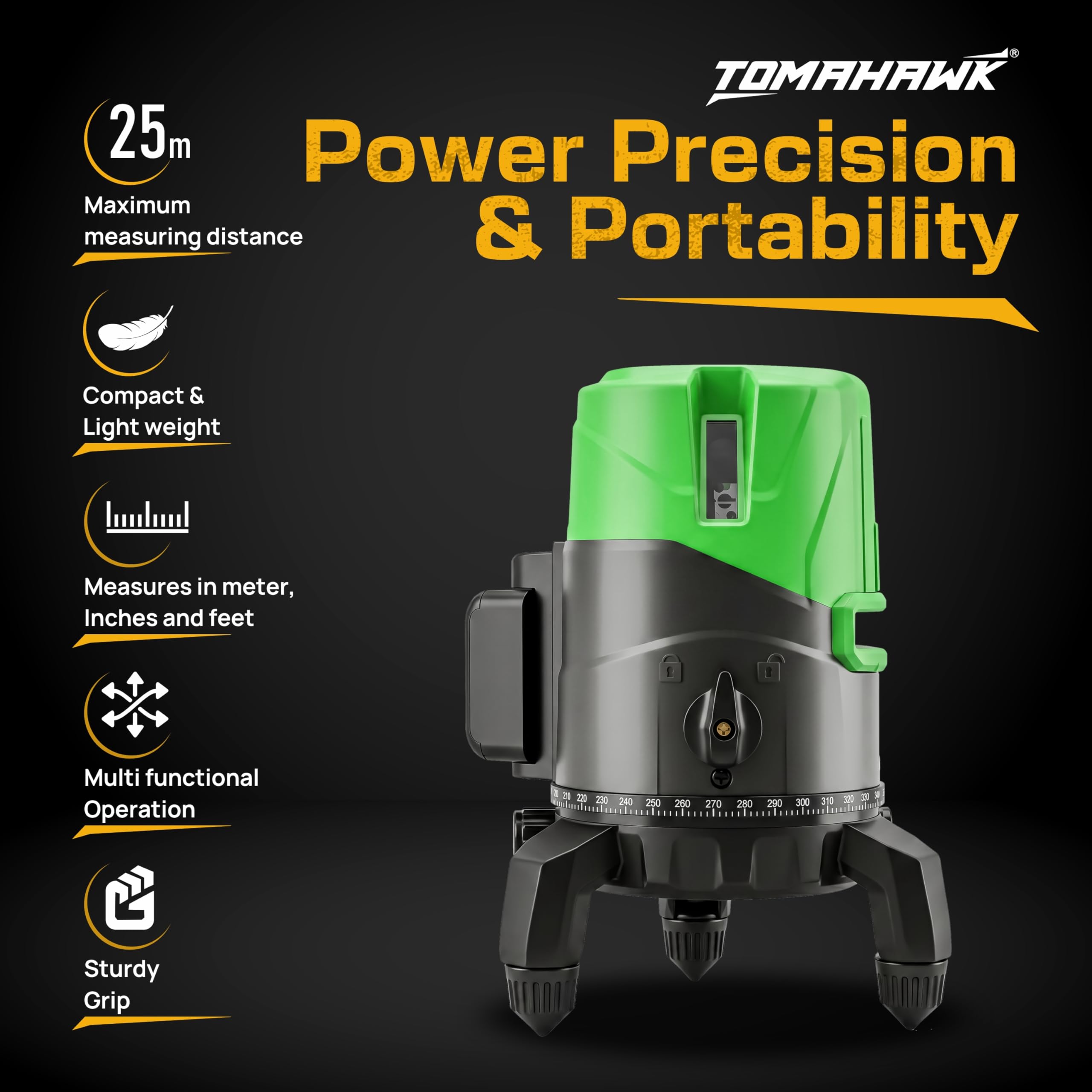 TOMAHAWK® Plastic Professional 2-Line 3D Cross Self Leveling Laser Level, Horizontal and Vertical Green Laser Line (02-N-2Line level) | Heavy Duty & Durable Build 3