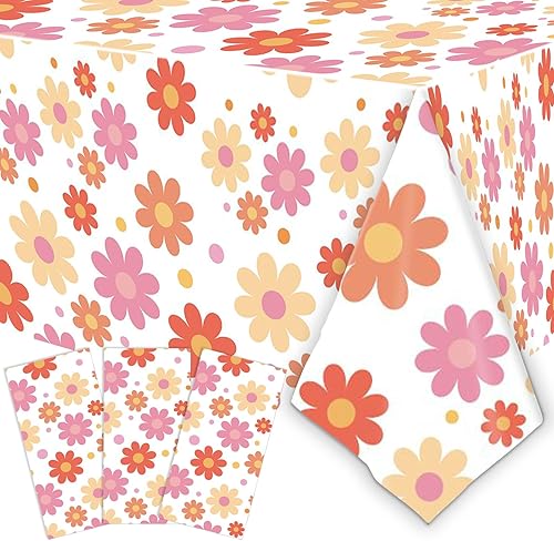Mantel desechable de 3 piezas de margaritas, 54 x 108 pulgadas, diseño hippie retro para cumpleaños, baby shower, suministros de fiesta de boda,