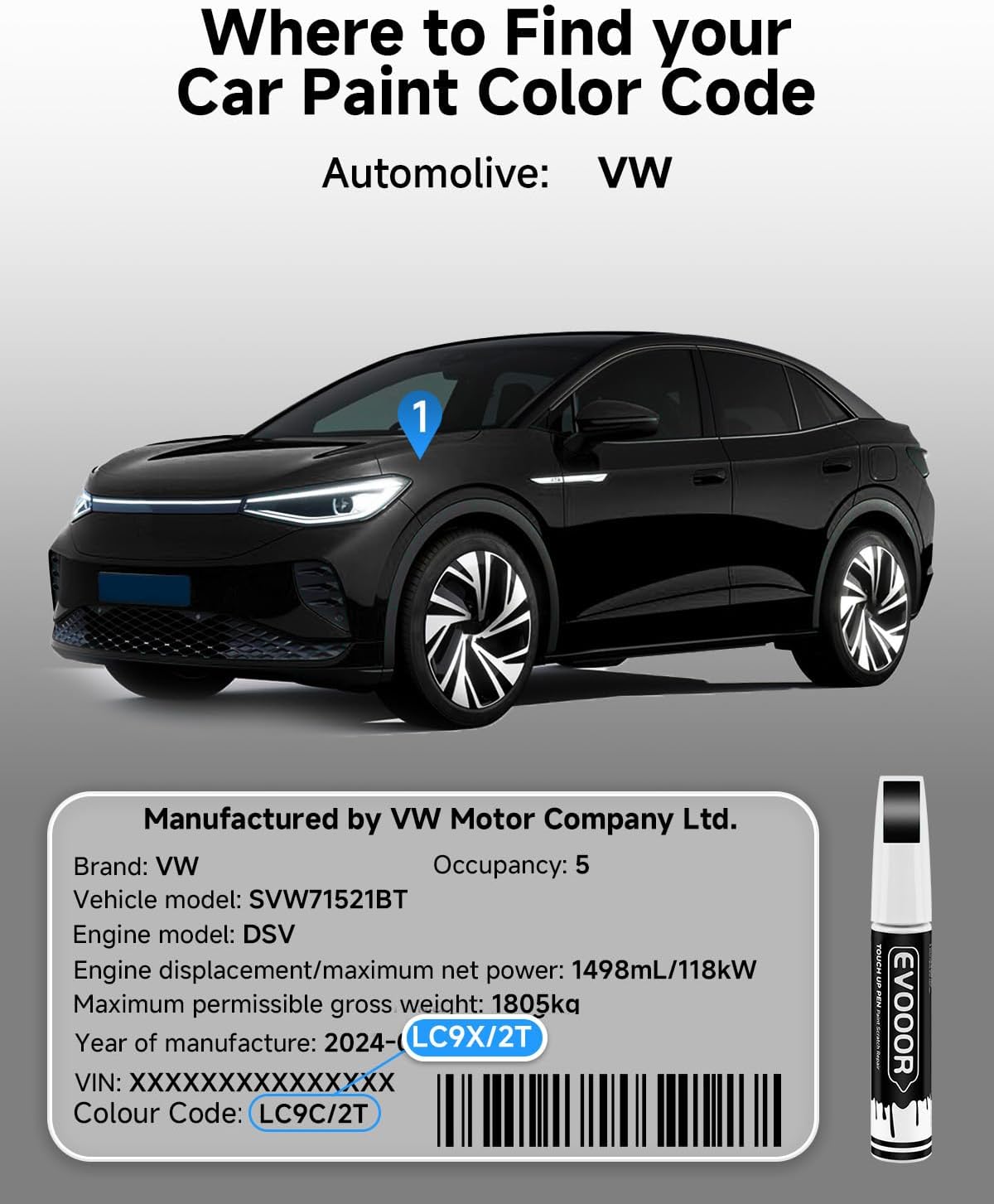 Touch Up Paint Compatible with Volkswagen Exact Match 2 in 1 Touch up Paint for Chips and Nicks Repair with 2pcs Disposable Micro Applicators (Deep Black Pearl(LC9X/2T) Compatible with All Models)