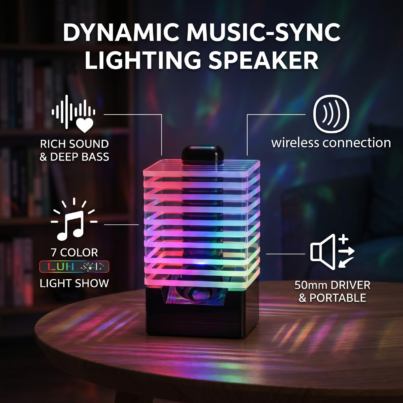 Annadue Altoparlante Bluetooth a LED, Luci di Sincronizzazione Musicale a 7 | Custodia in Acrilico ABS, Lettore Musicale Wireless, compatibilità Smartphone, Portata di Connessione 10 M, Uso Domestico e