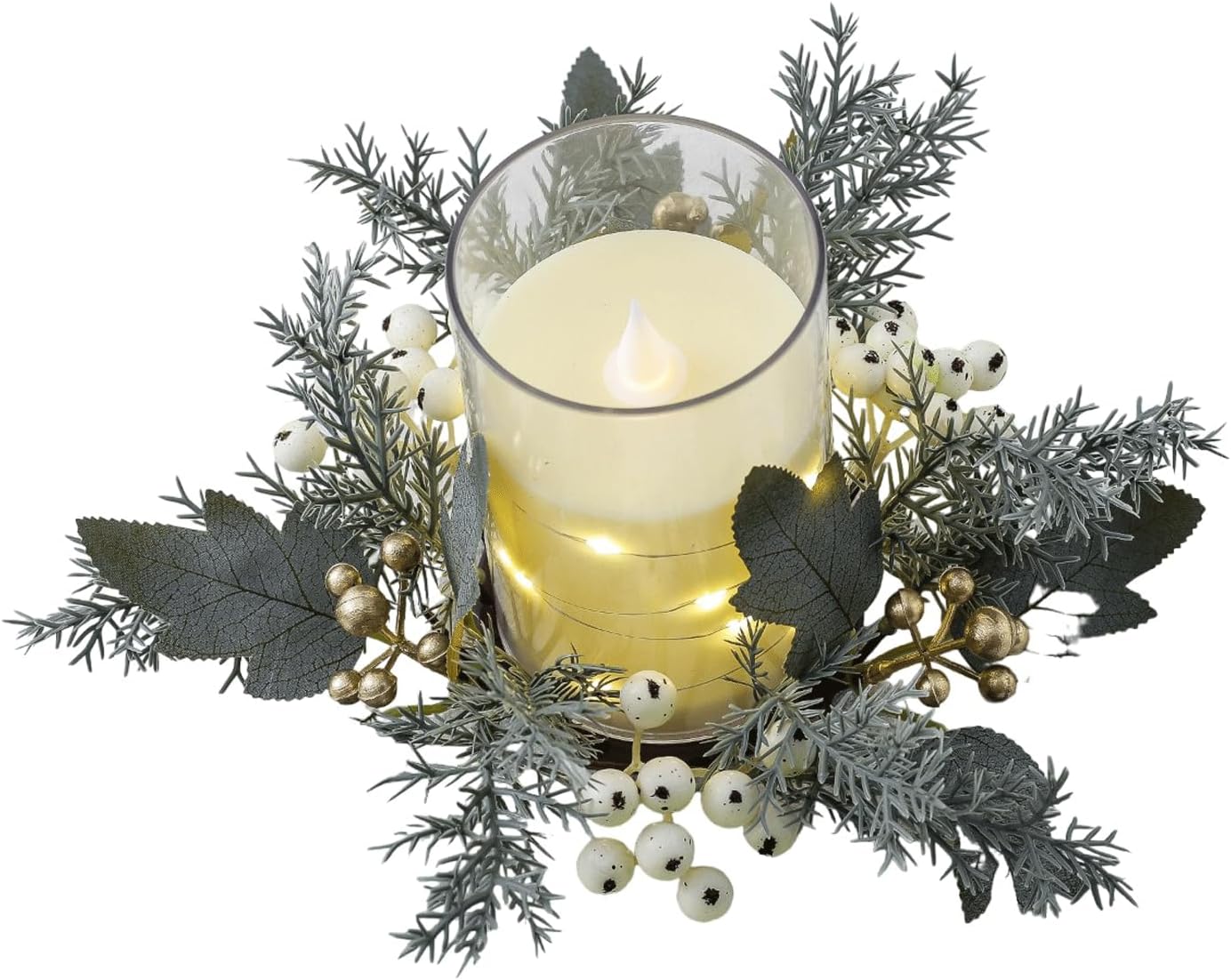 Set of 2 Floral Candle Rings Wreaths Elegant Indoor Decoration 25x25x5 cm Plastic & Silk Flower Rings for Centerpieces Perfect Candle Wreath for Home Decor (White)