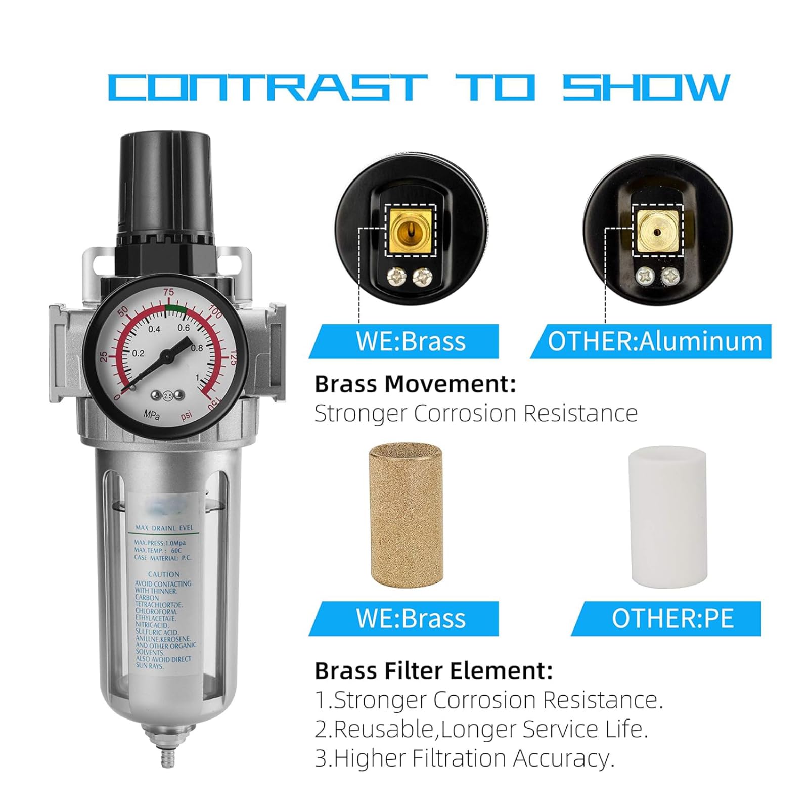 1/2" BSP Regulador de filtro de aire comprimido, Compresor de aire Regulador con filtro y separador de agua con conexión de montaje para compresor y herramientas de aire