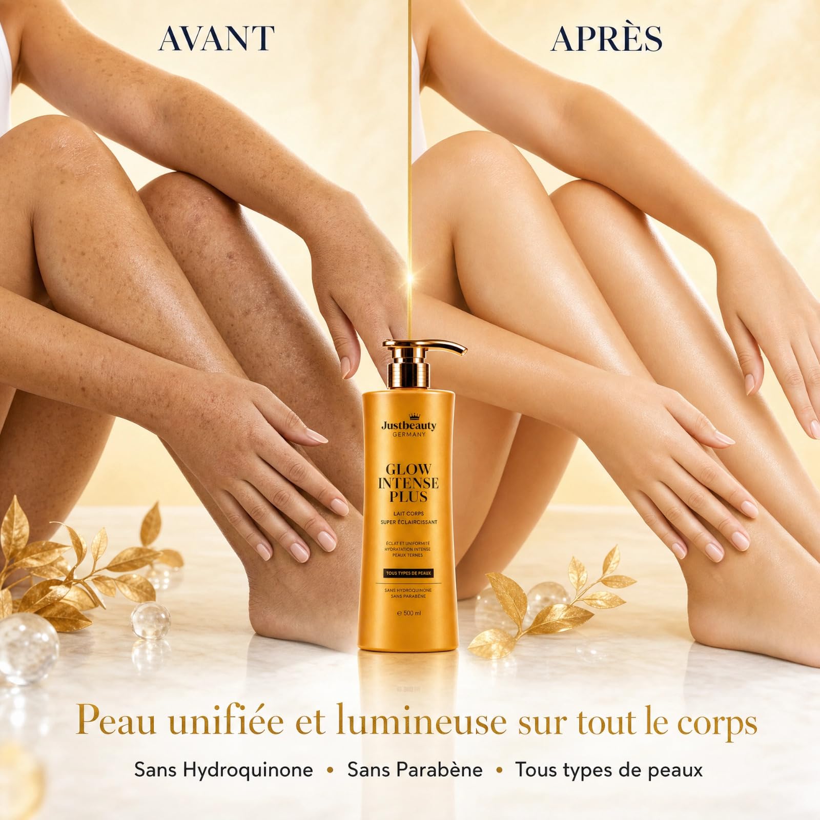 Glow Intense – Lait Corps Unifiant & Éclat 500 ml – Aide à améliorer l’apparence des taches pigmentaires et du teint irrégulier – Niacinamide, Acide Tranexamique & Alpha-Arbutine – Justbeauty Germany