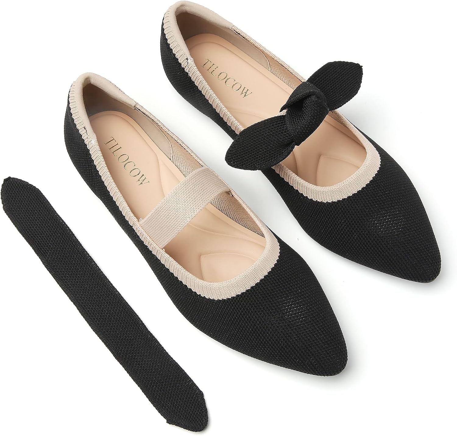 Tilocow Knit Bow Ballet Flats for Women Pointed Toe Mary Jane Shoes Comfortable Dressy Loafers