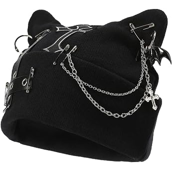 Goth Cat Beanie Goth Hut Zubeh r Punk Cat Ear Beanie Hut f r Frauen Y2k Grunge Gothic Beanies Strickm tze Streetwear M tze Damen mit Kette F r Festivals Streetwear