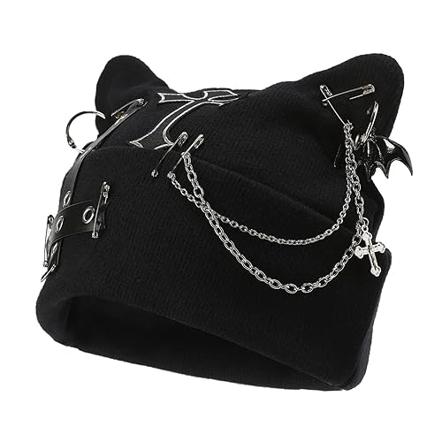 THESSNCE Goth Cat Beanie Goth Hat Accessories Punk Cat Ear Beanie Hat for Women Y2k Grunge Gothic Beanies Knitted Hat Streetwear Black