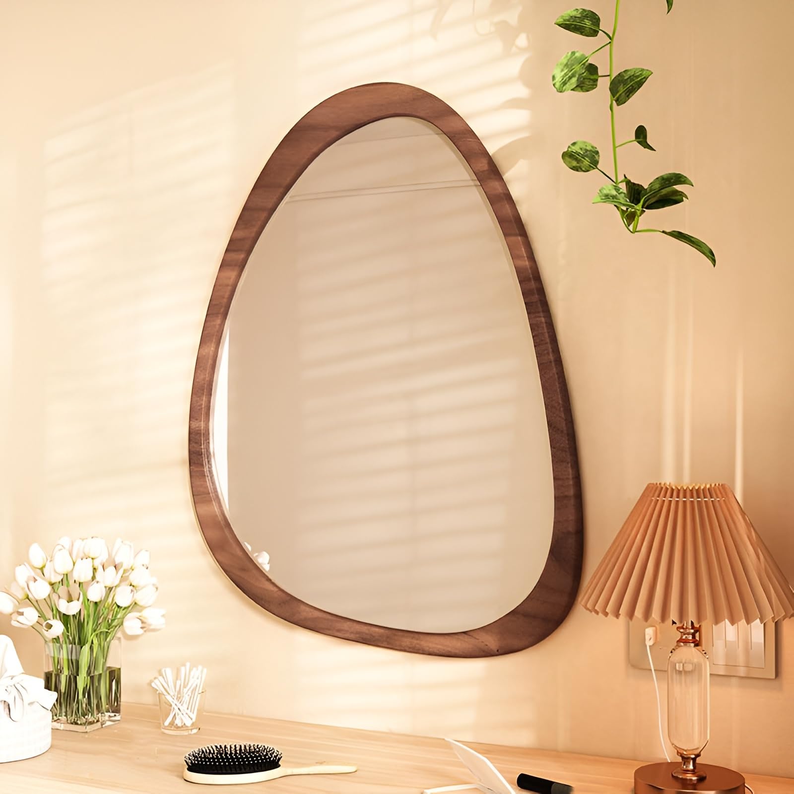 FGXHHS Wall Mounted Vanity Mirror With Wood Framed, Irregular Decorative For Bedroom Living Room Entryway Hallway(Walnut,60x80cm/23.6x31.5in)