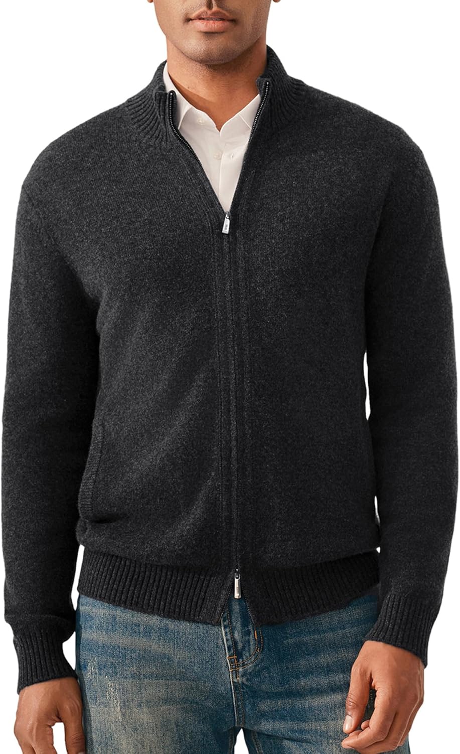 KVSS Men's Mock Neck Zip Up 100% Pure Cashmere Cardigan, Cardigan Pullover Sweaters for Mens | Luxury from Inner Mongolia