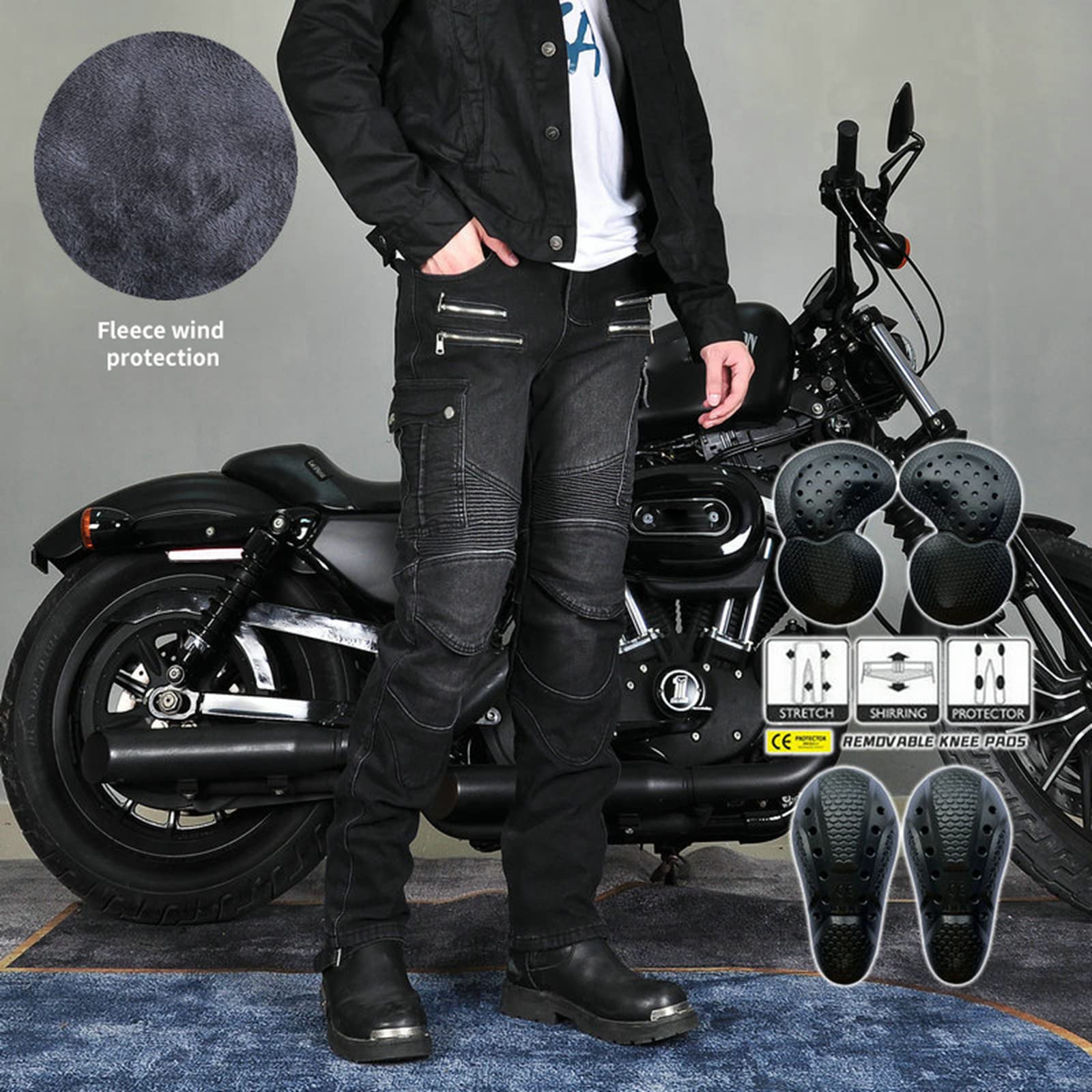 Spodnie motocyklowe, jeansowe, rozciągliwe, zimowe, z ciepłą podszewką polarową, na co dzień, męskie, tekstylne, z ulepszonymi ochraniaczami