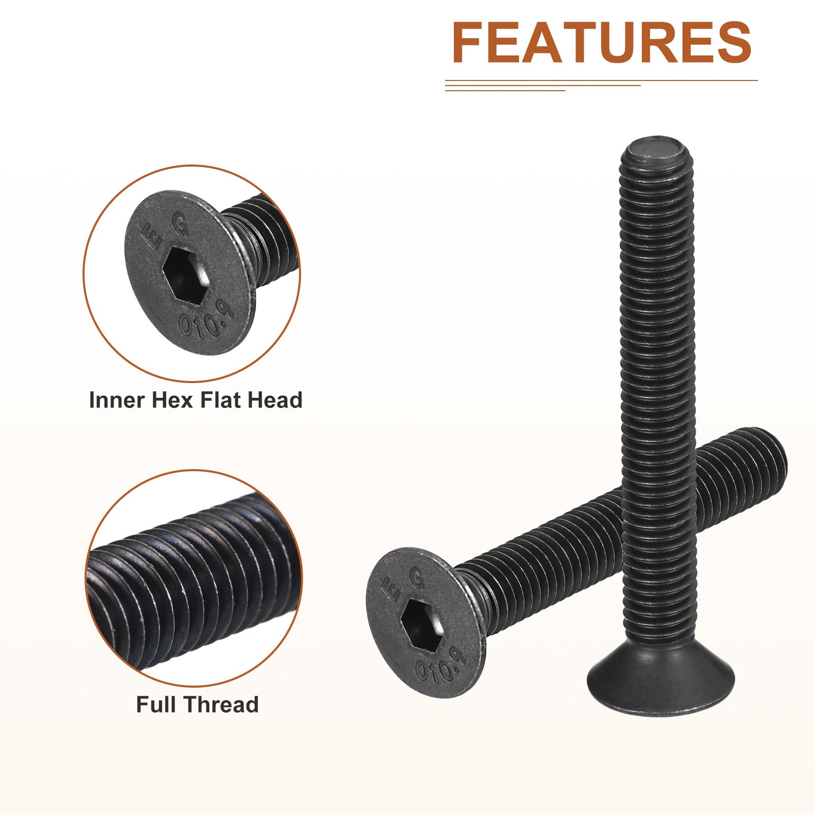 DTGN M8-1.25x60mm Flat Head Socket Cap Screws, 10 Pack Hex Socket Flat Head Screws Carbon Steel Black Oxide, Full Thread - Image 4