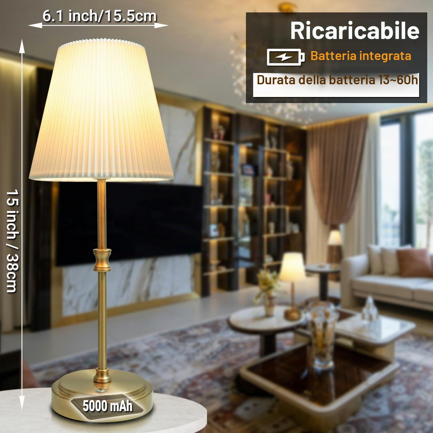 HSLighting Lampada da Tavolo Senza Fili, Touch Senza Fili Abat-jour Lampada da Scrivania Portatile con Regolazione Continua della Luminosità Lampada da Comodino per Sala da Pranzo Hotel Bar (Retrò)