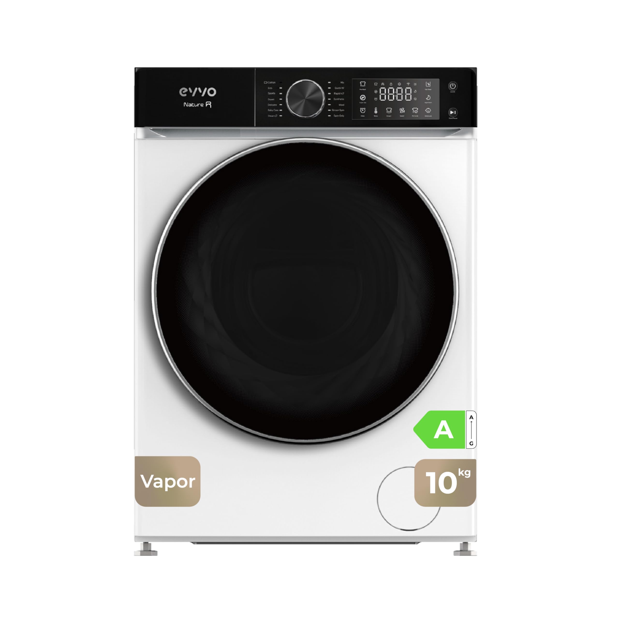 EVVO Washing Machine Fronntal Load NATURE R – Capacity of 10 kg, 1400 RPM, Energy Efficiency A – Hygienizing Steam, Diamond Drum, Inverter Motor, White