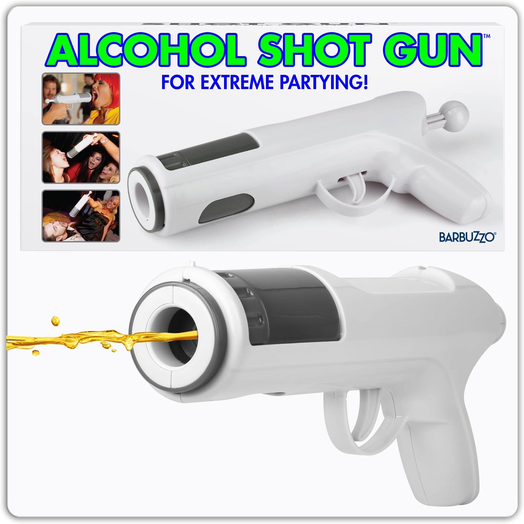 Barbuzzo The Original Alcohol Shot Gun - Load Your Favorite Alcohol, Aim, Shoot and Drink- Epic Shot Party Accessory - Holds Up to 1.5 Ounces