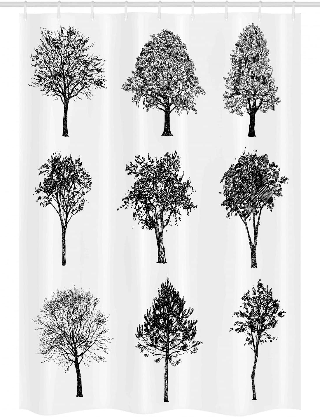 Ambesonne Sketchy Stall Shower Curtain, Various Type of Tree Sketches with Minimalist Effect Mother Earth Artwork, Fabric Bathroom Decor Set with Hooks, 54" W x 78" L, Black White