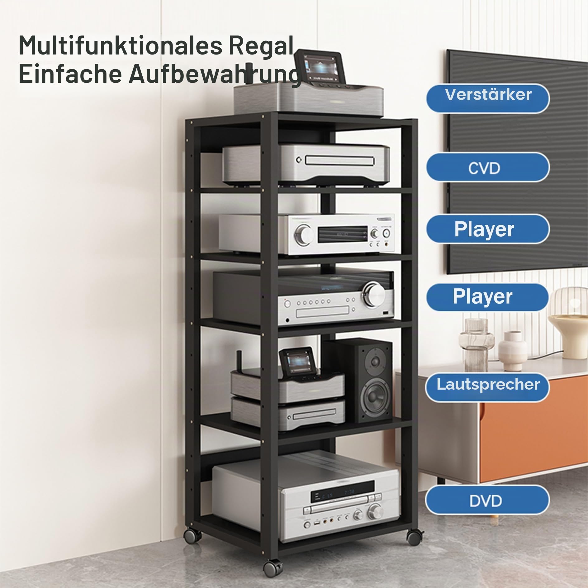 HiFi Rack TV Regal Audio Schrank aus Holz & Stahl 3/4/5/6 Schicht Schwarz Komponenten Rack Plattenspieler Tisch mit verstellbaren Ablage Kleines Desktop Stand Rack für Amplifier Equipment dac(50x40x69