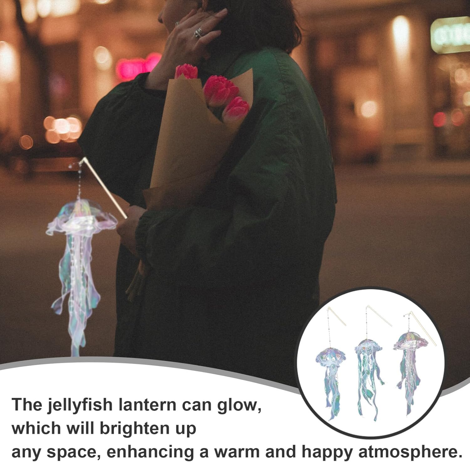 GANAZONO Handheld Jellyfish Lantern Light 3-Pack with Poles Decorative Night Light for Bedroom Party Featuring Colorful Iridescent Glow and Unique Jellyfish Shape