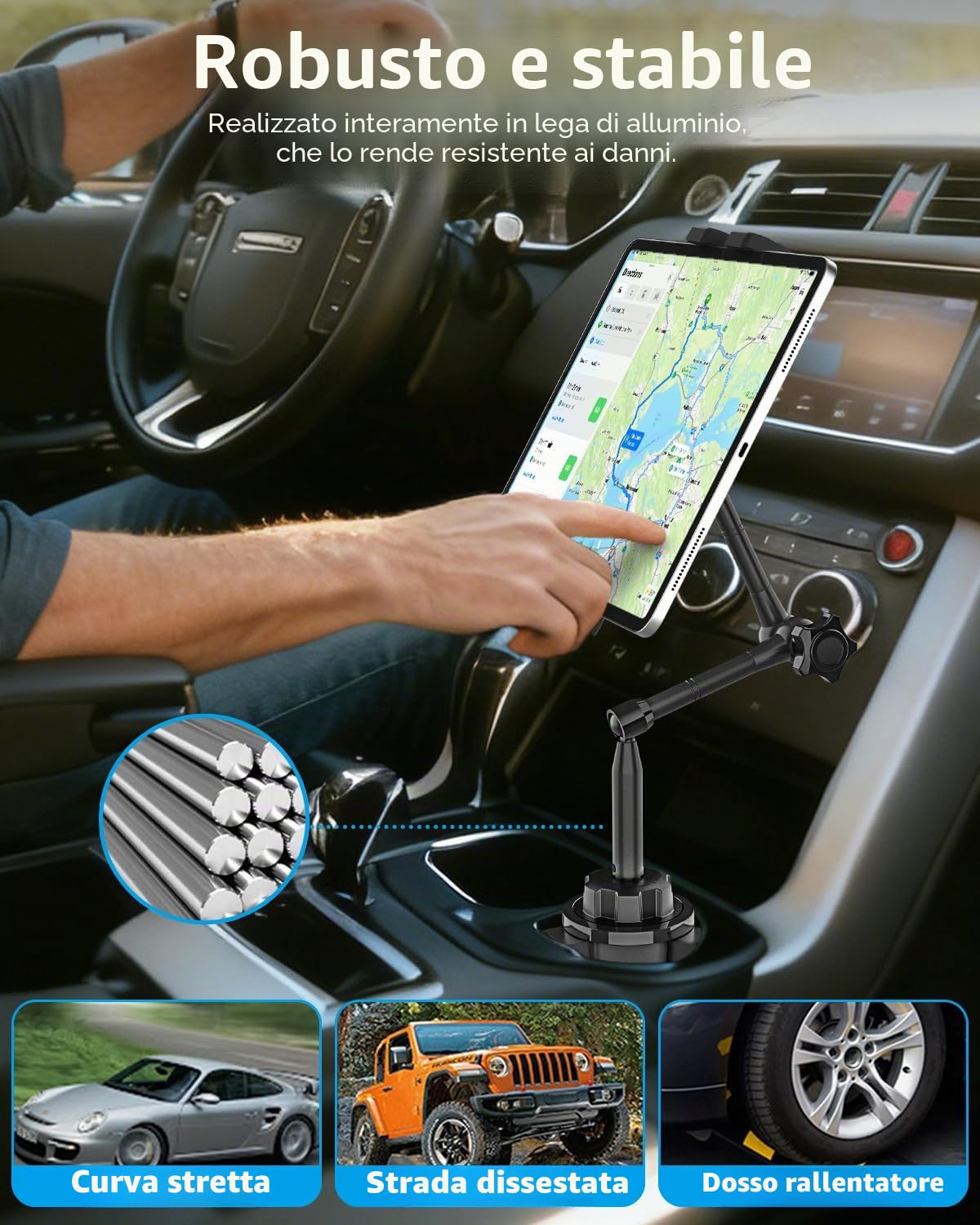 Ultra-flessibile Supporto Tablet Auto Portabicchieri - [Braccio Magico Regolabile in Alluminio] Supporto Coppa Tazza Camion Veicolo per Tablet, Cellulari, iPad, Galaxy Tab, Fire, iPhone, 4-13"
