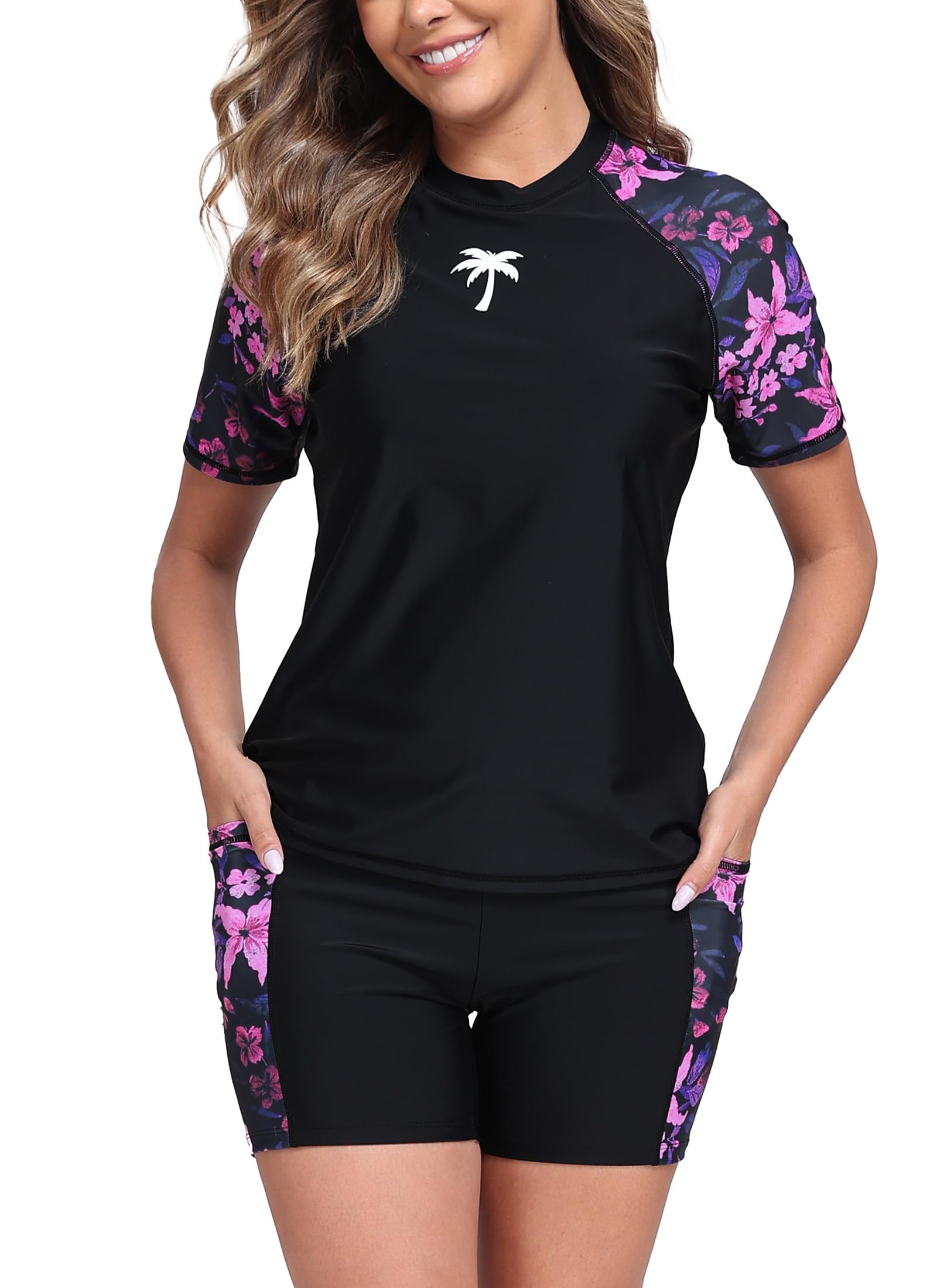 Halcurt Women's 2 Piece Rash Guard Swim Shirts Built in Bra Boyleg Swimsuit