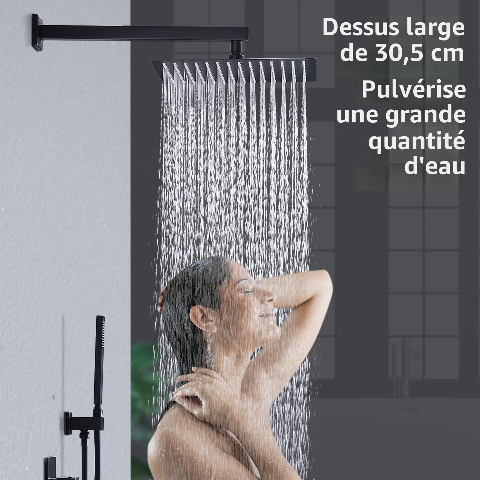 HOMELODY Encastré Ensemble de Douche Noir Système, Ensemble Douche Thermostatique 38°C, Pomme de Tête 12 Pouces, Pack de Douche Encastrée y Compris Douchette, Corps en Laiton