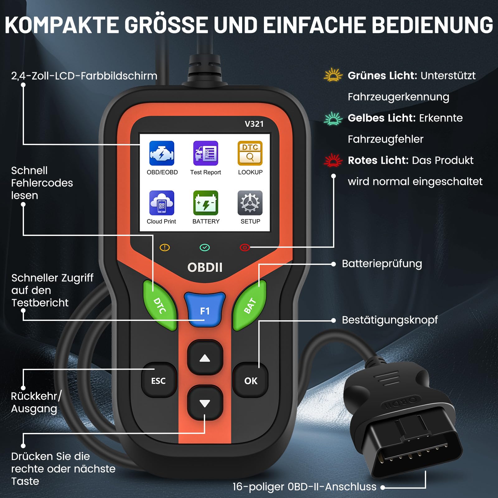 OBD2 Diagnosegerät Auto, OBD Fehlerauslesegerät mit Vollständigen OBDII Funktionen – Codeleser für Motorfehler, Spannung & I/M – KFZ Auslesegerät Deutsch für BMW VW Mercedes Audi Alle OBDII Fahrzeugen