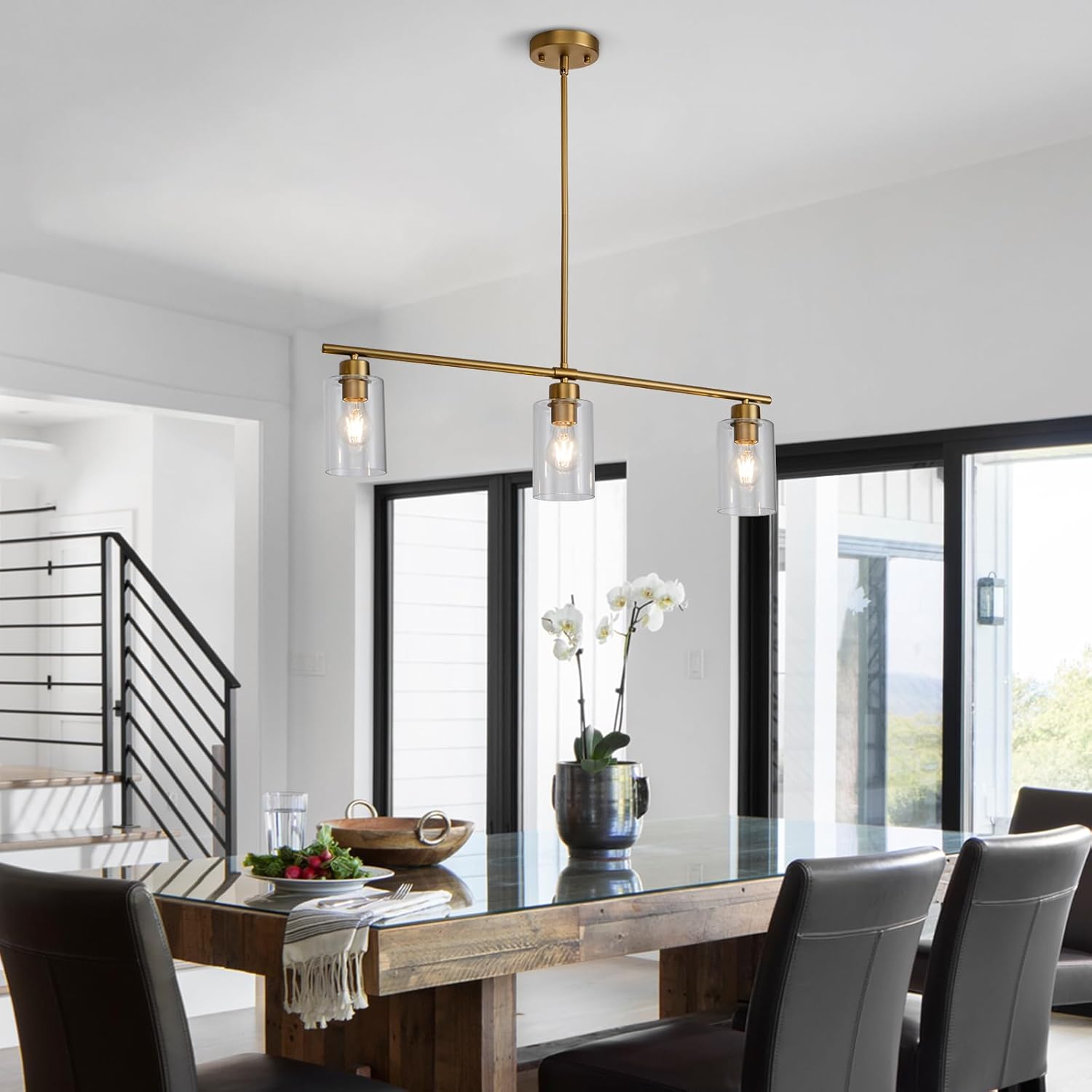 HuisMier 3 Lights Kitchen Island Lighting, Farmhouse Brushed Brass Pendant Light Fixtures with Clear Glass Shades, Modern Linear Island Lights for Kitchen Dining Room Bar Foyer