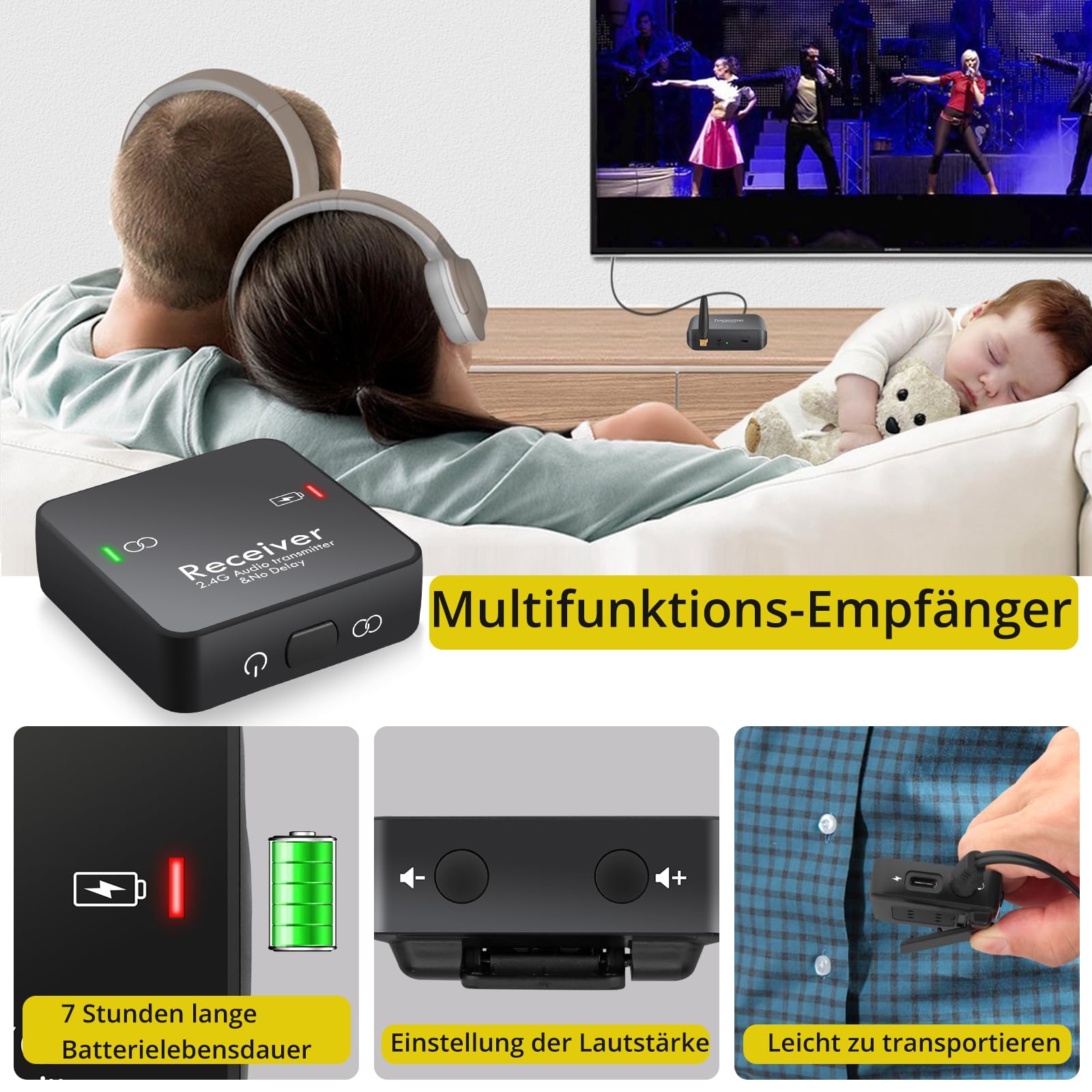 PROZOR 2,4 GHz Drahtloser Audio-Senderempfänger für TV-Unterstützung Optischer koaxialer 3,5-mm-Eingang 96 kHz / 24 Bit digitaler Audioadapter mit geringer Latenz 165 Fuß große Reichweite