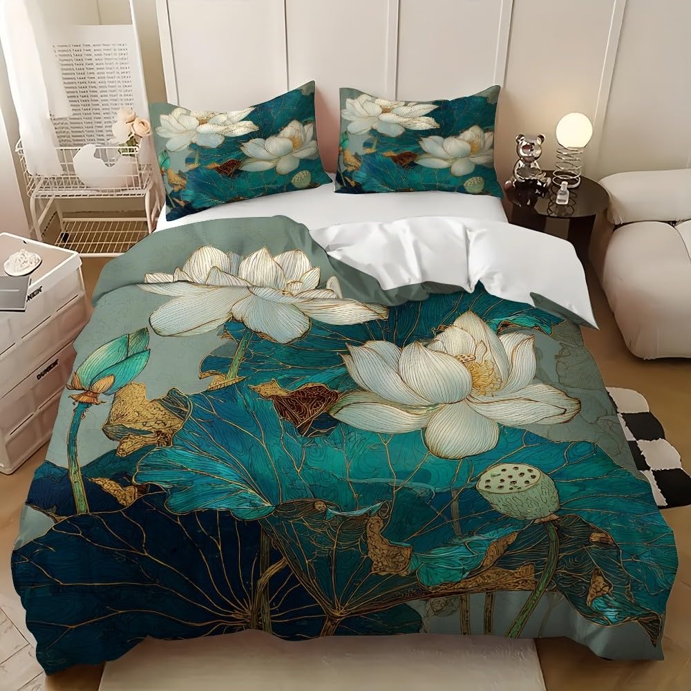 Parure de lit 200x200 cm avec housse de couette lotus vert pour lit 2 personnes