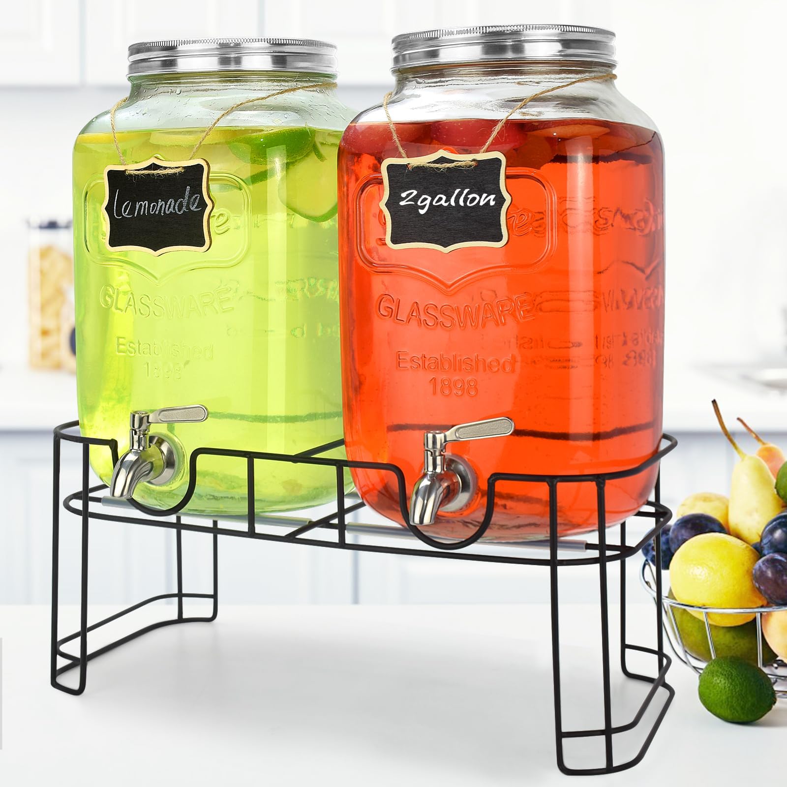 2 Gallon Glass Drink Dispensers For Parties (2 PACK) With Stand And Leakproof Stainless Steel Spigot - Glass Water Jug, Lemonade Dispenser