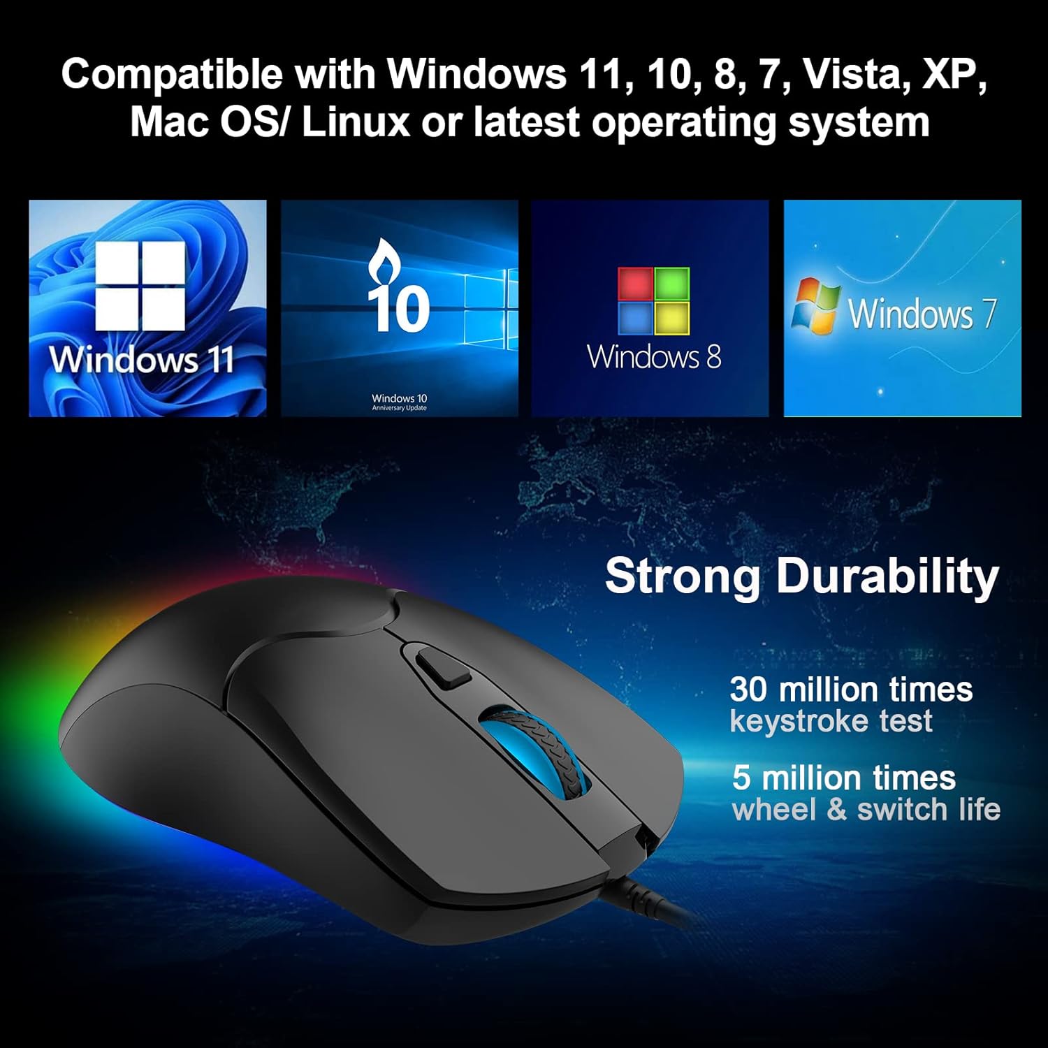 PINKCAT Gaming Mouse Wired, 9600 DPI RGB Gaming Mice, 6 Color Backlight, 6 Programmable Buttons, 7 Adjustable DPI, 1000 CPI Ergonomic Optical Mouse for Windows/Computer/PC/Mac/Laptop - Black