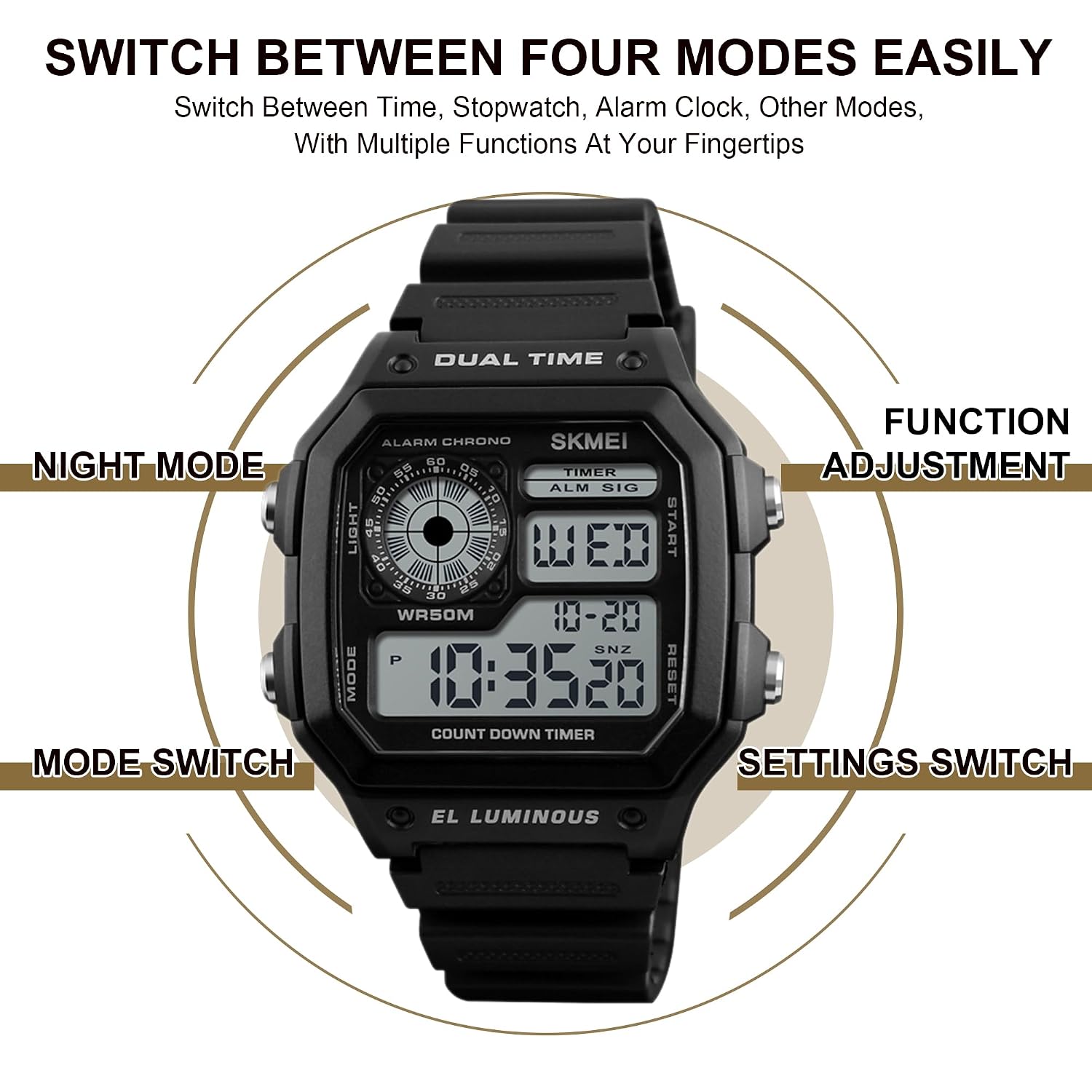 Diagram showing the four buttons of the watch: Light, Mode, Start, Reset, and their general functions.
