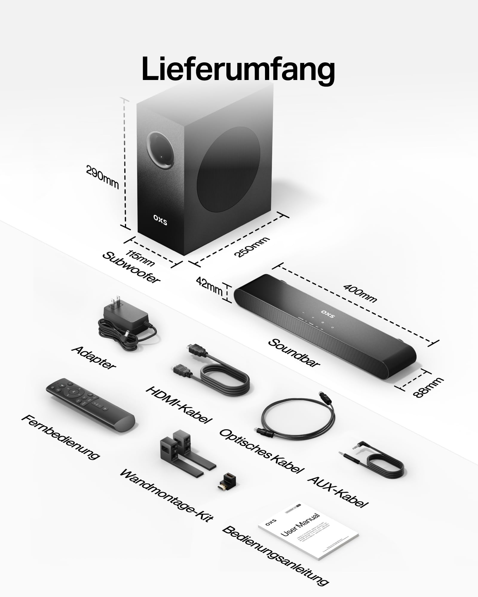 OXS S21 2.1-Kanal Soundbar mit Subwoofer, Präzisionssound mit tiefen Bässen, 180 W Leistung, 3 EQ-Modi, für Heimkino/Musik/Spiel, für TV, PC, Xbox, PS4/5, Telefon, Ultrakompakt, Einfache Einrichtung