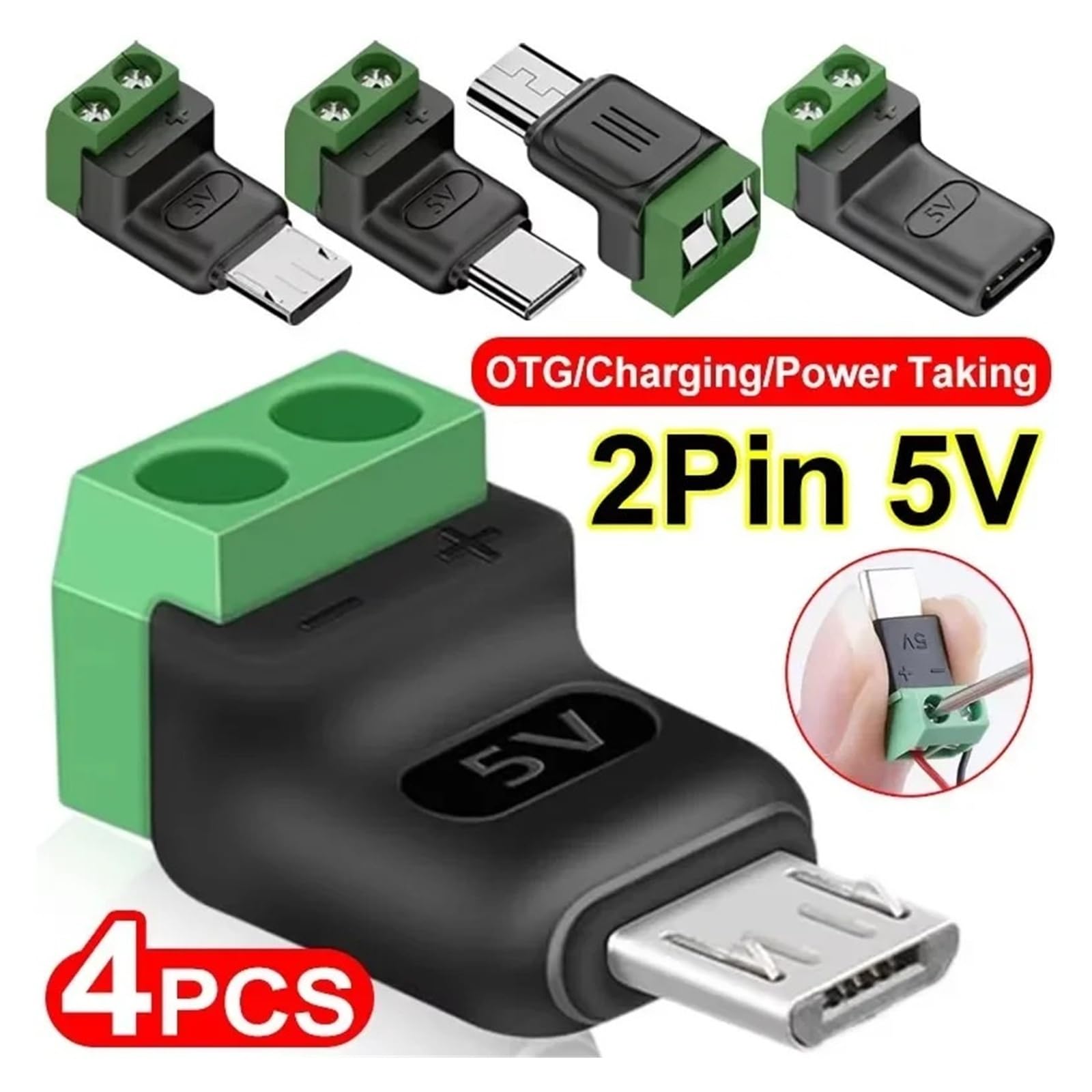 1-4 szt. USB C na 2 piny Screw Terminal 5 V Solderless Adapter (C-Male Charging,4 szt.)