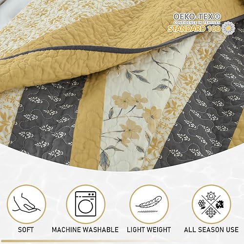 Vista 17 de KALOOLA Colchas florales tamaño Queen – 100% algodón, suave, ligero, juego de ropa de cama acolchado de 3 piezas, colcha de patrón botánico