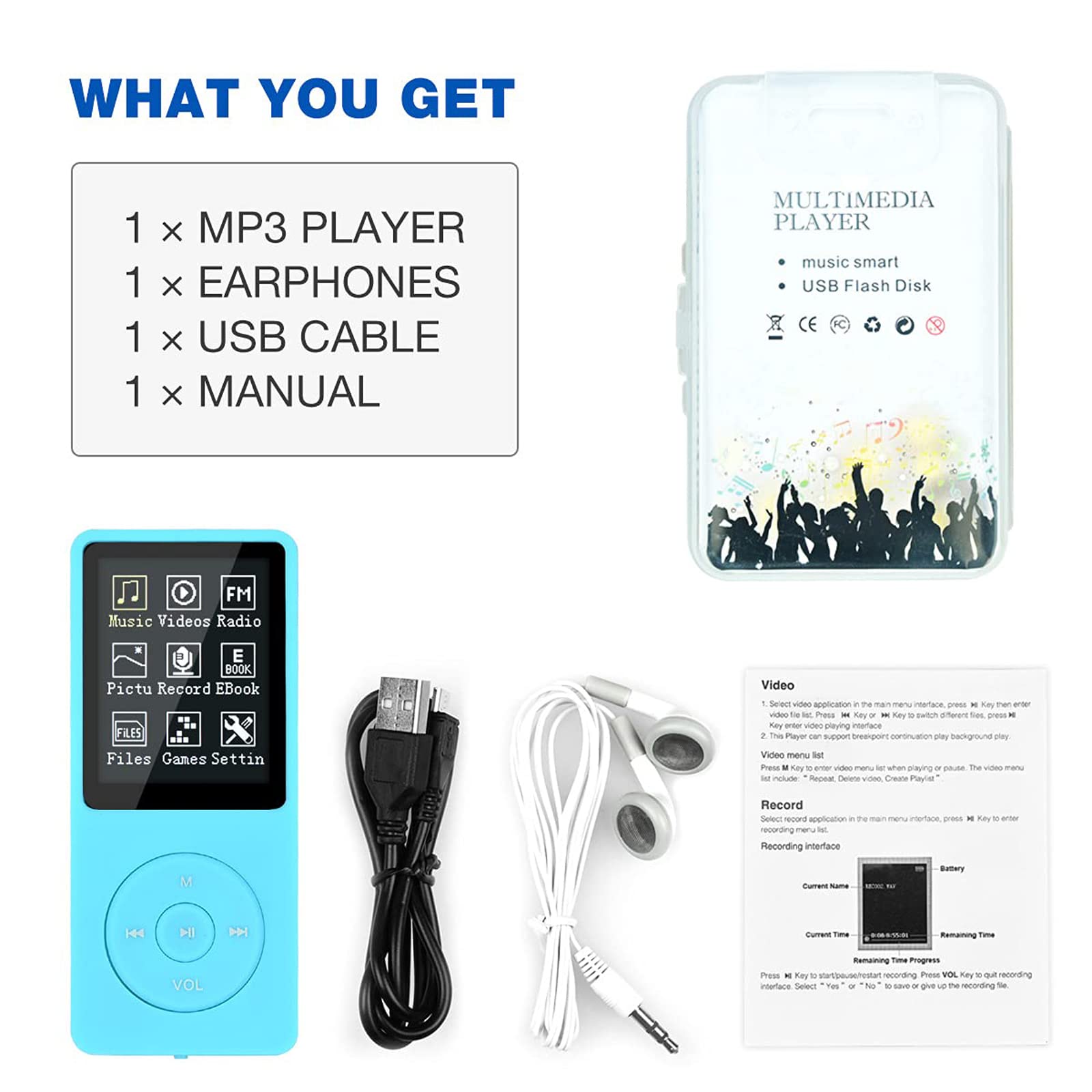 Lychee Lettore MP3, Lettore MP3/MP4, Lettore musicale digitale, 8 GB, Suono HiFi portatile, Suono senza perdite, Lettore musicale con musica/video/registrazione vocale/Radio FM/Lettore E-Book